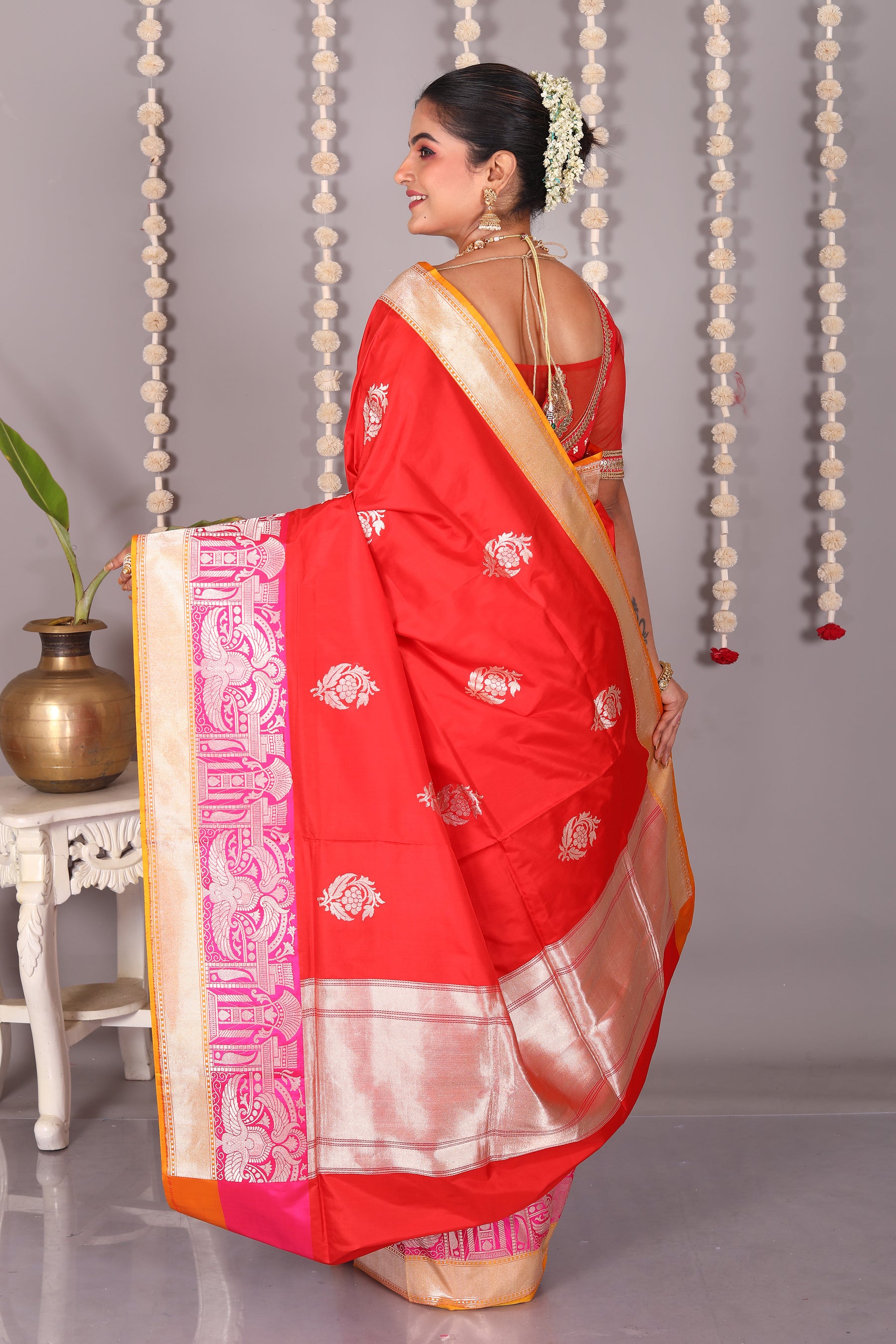 Bright Red Pure Katan Saree - Keya Seth Exclusive