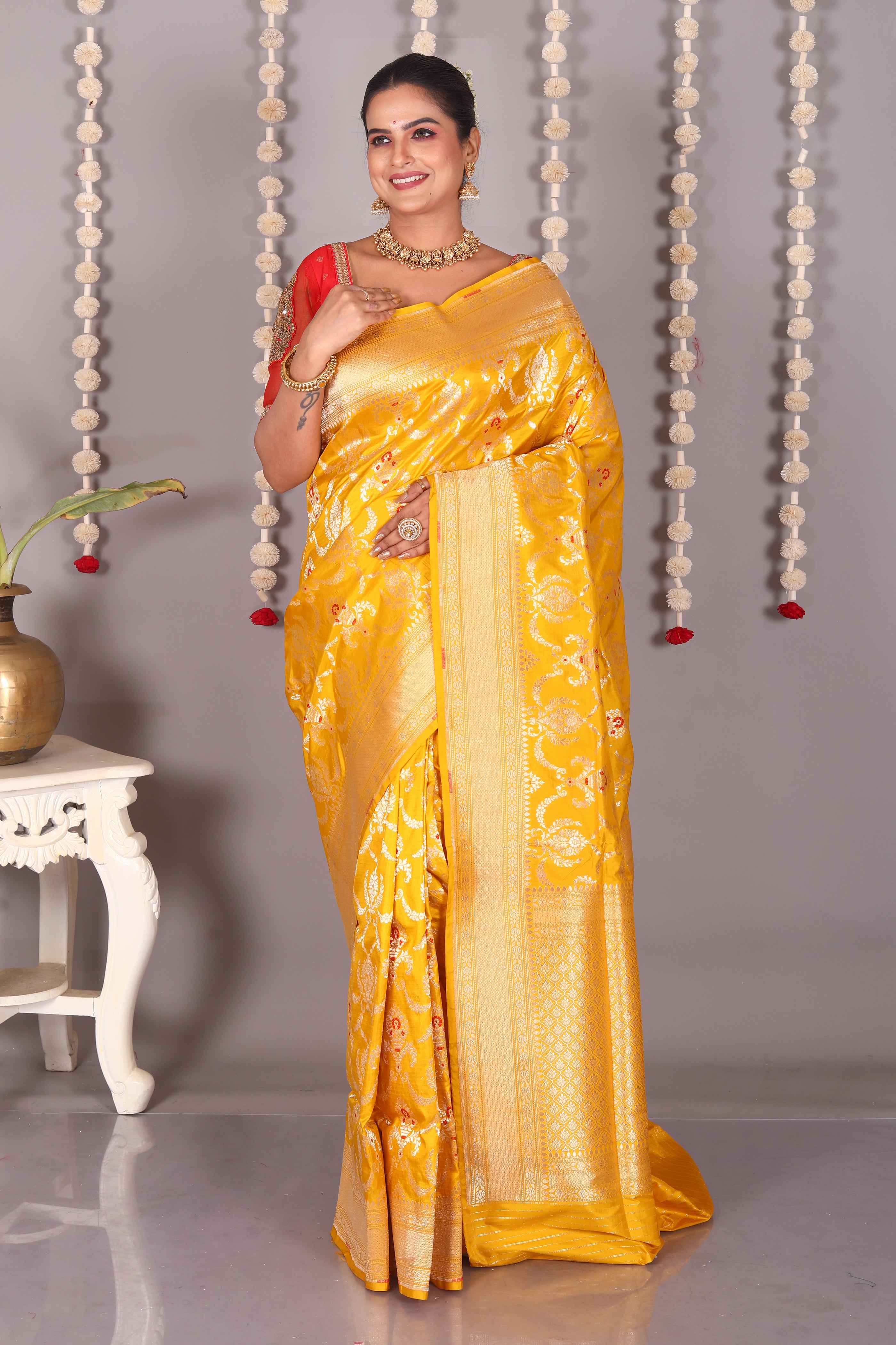 Yellow Pure Katan Saree - Keya Seth Exclusive