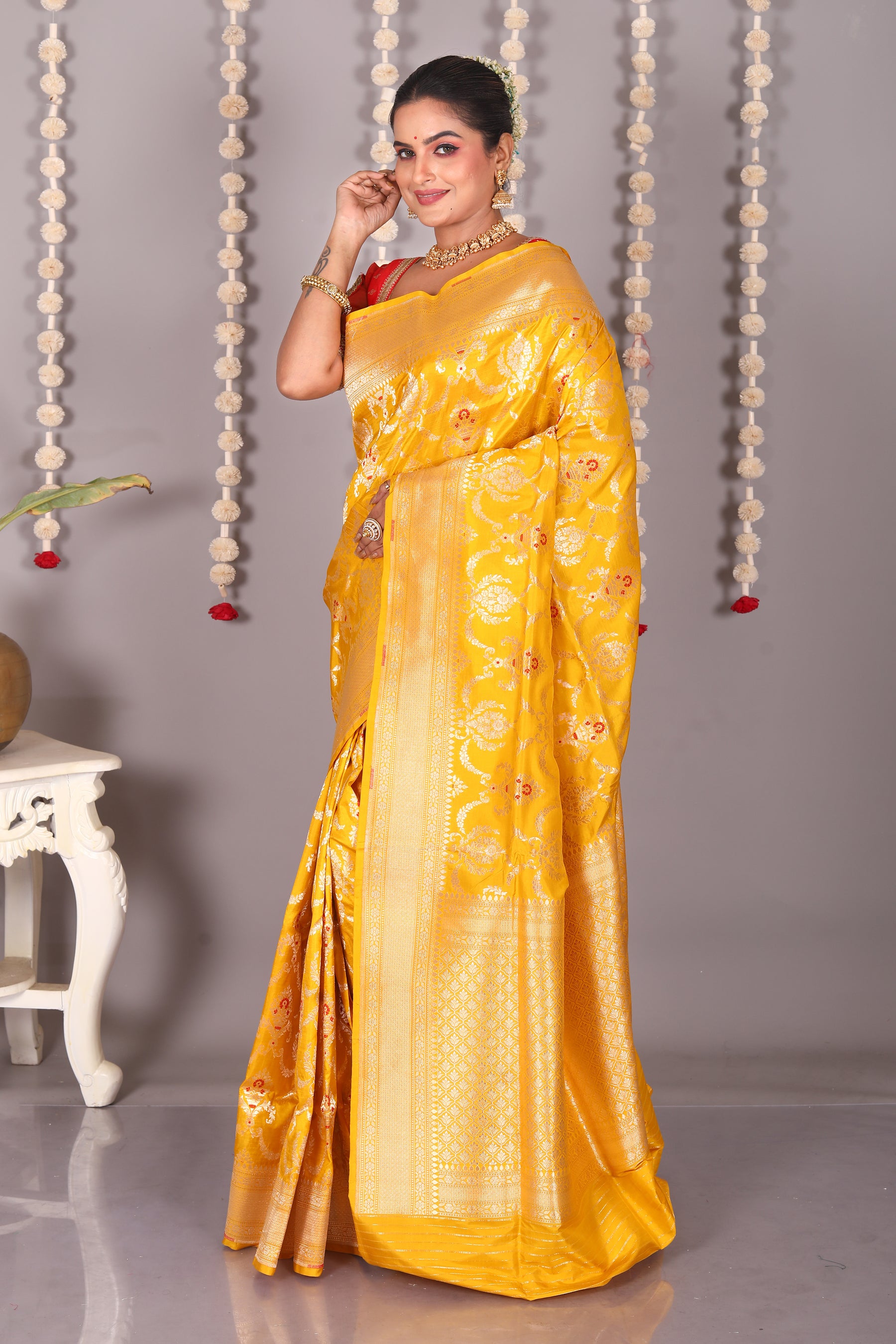 Yellow Pure Katan Saree - Keya Seth Exclusive