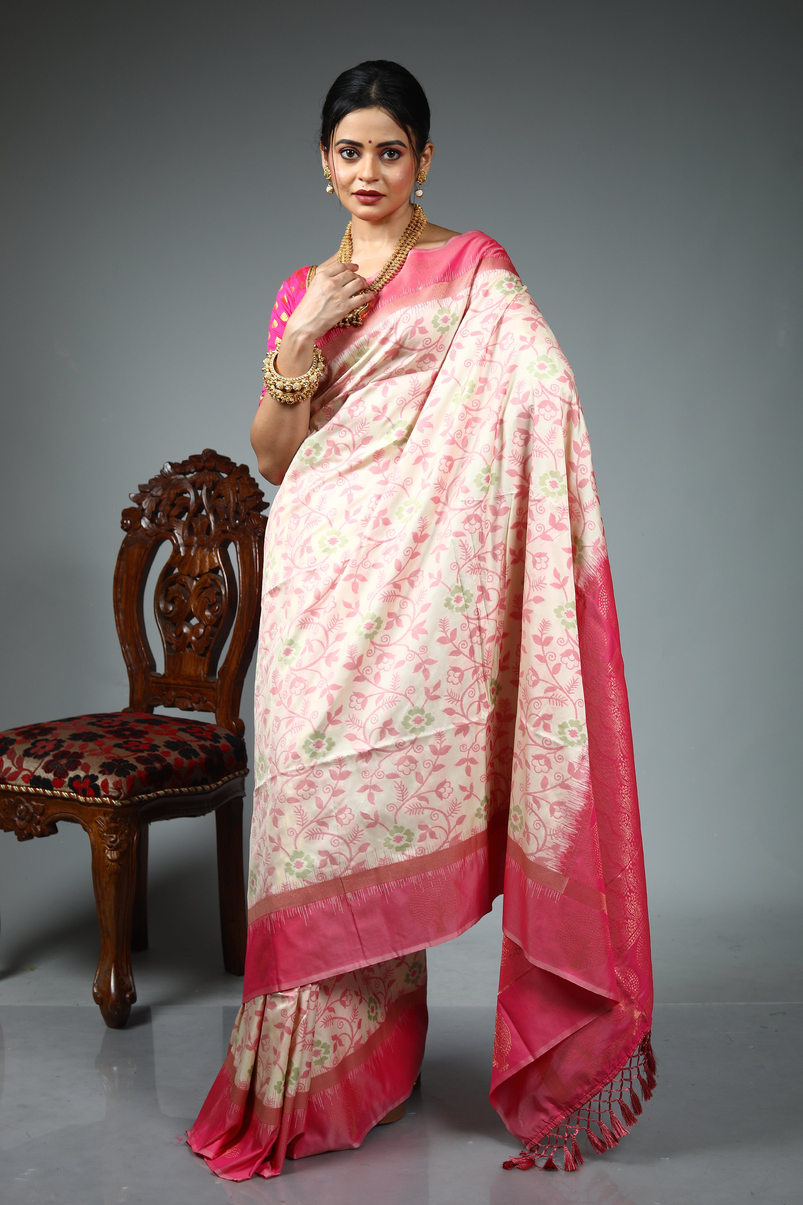 Light Pink Blended Katan Silk Saree