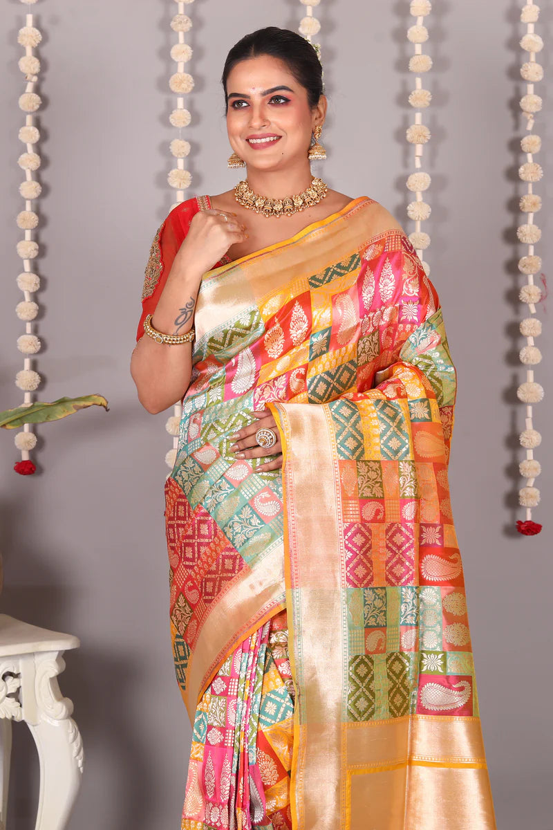 Multicolored Pure Katan Saree - Keya Seth Exclusive