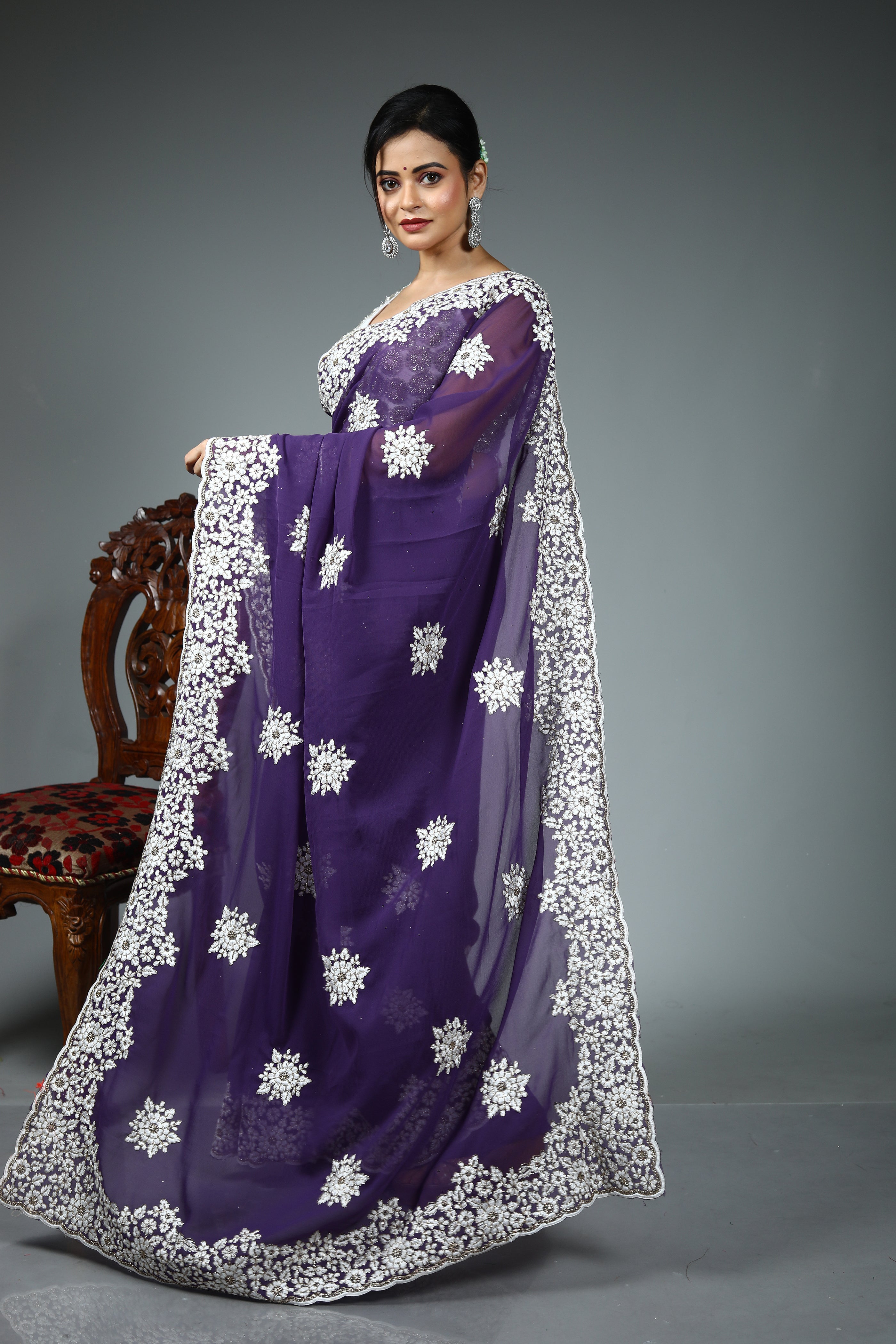 Purple Blended Georgette Saree