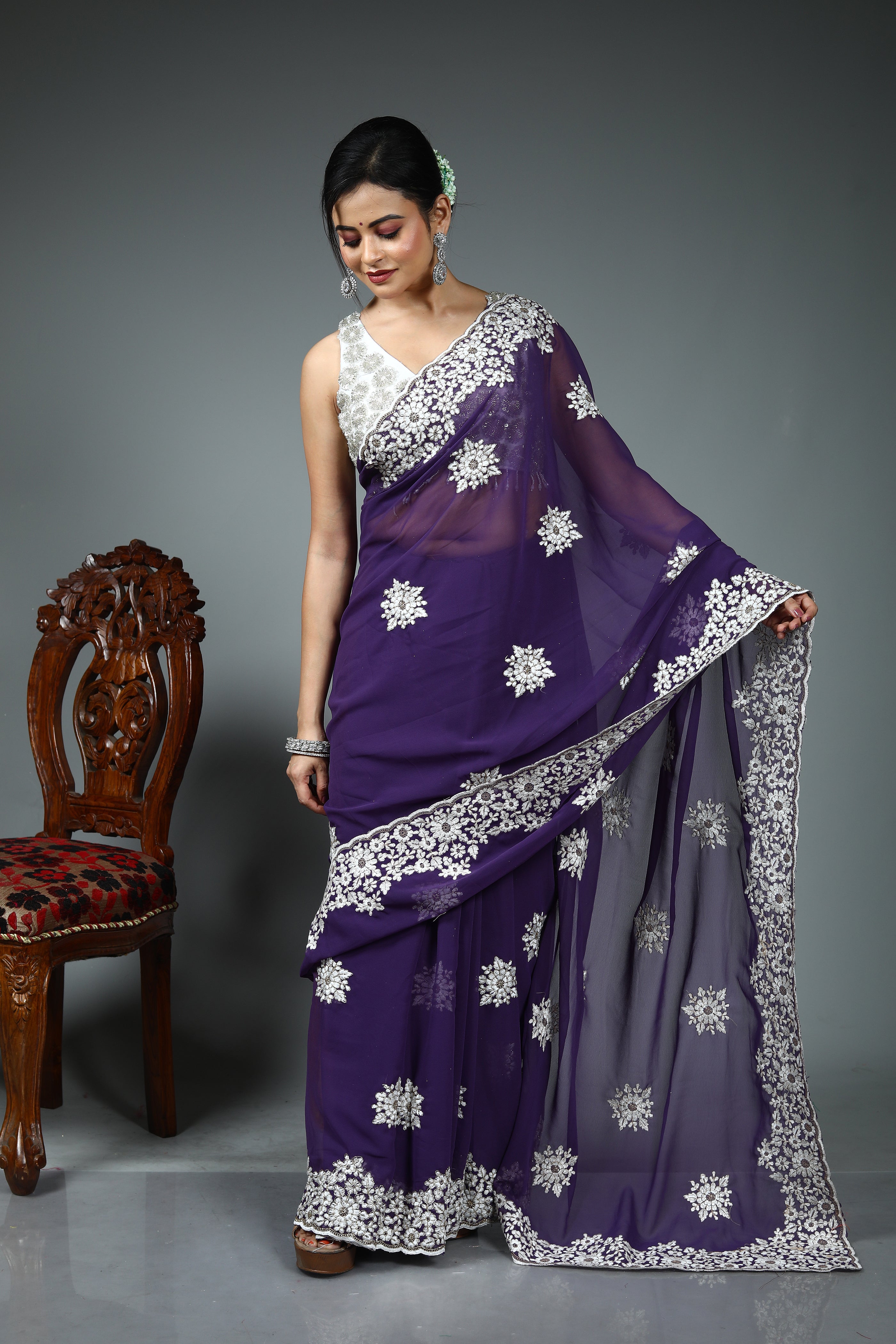 Purple Blended Georgette Saree