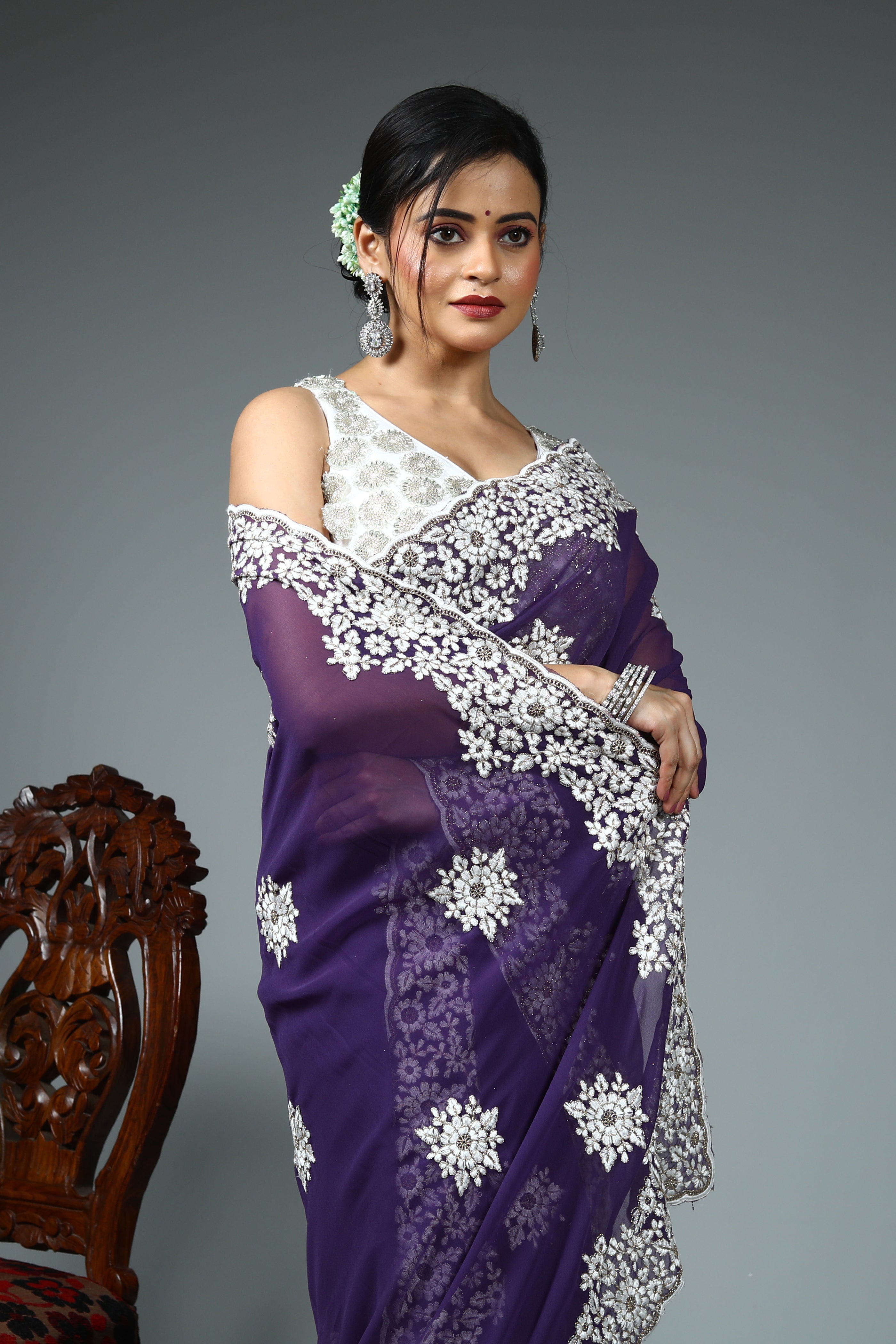 Purple Blended Georgette Saree
