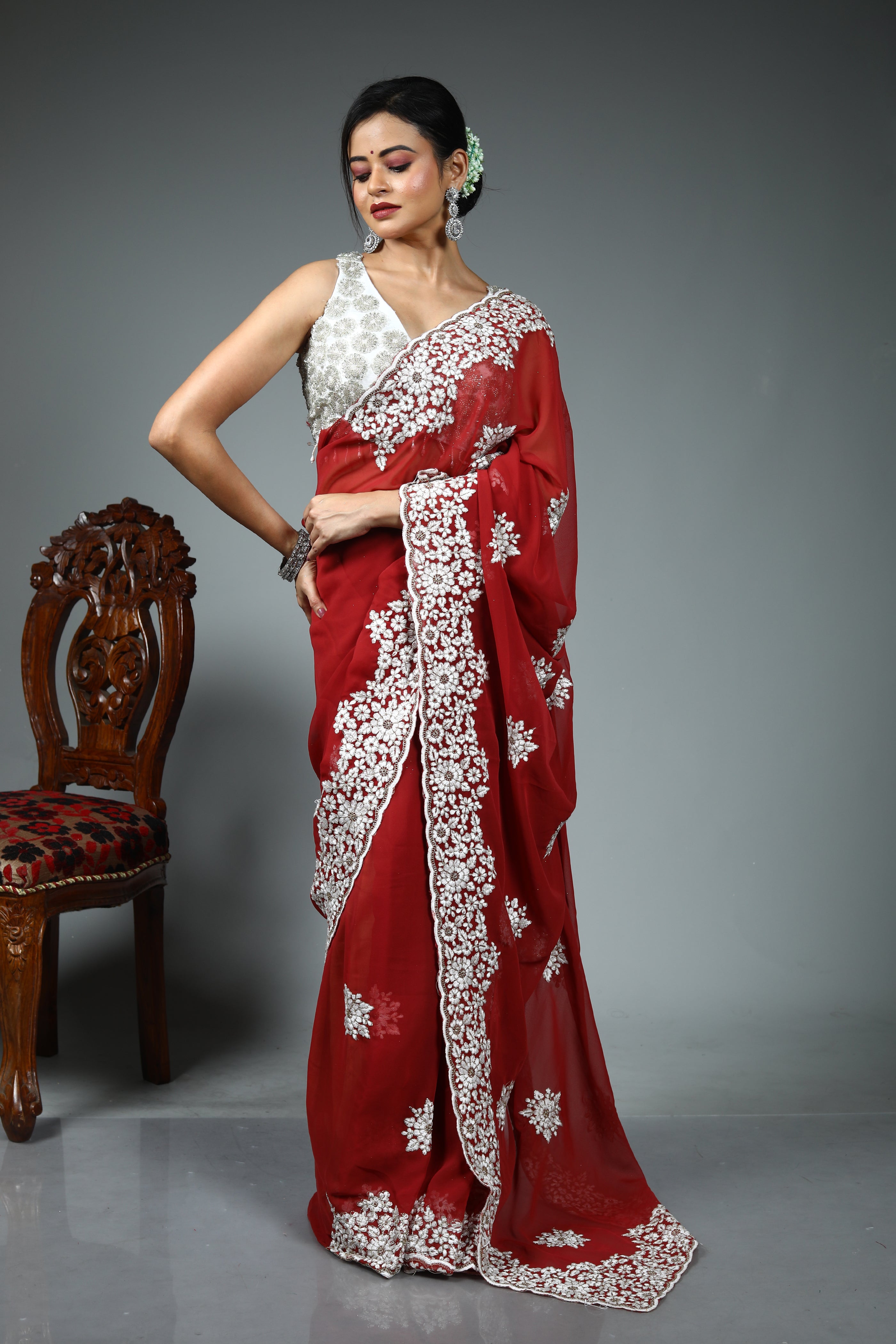 Maroon Blended Georgette Saree