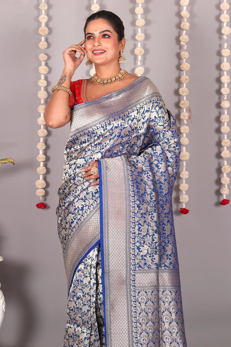 Blue Pure Katan Silk Saree - Keya Seth Exclusive