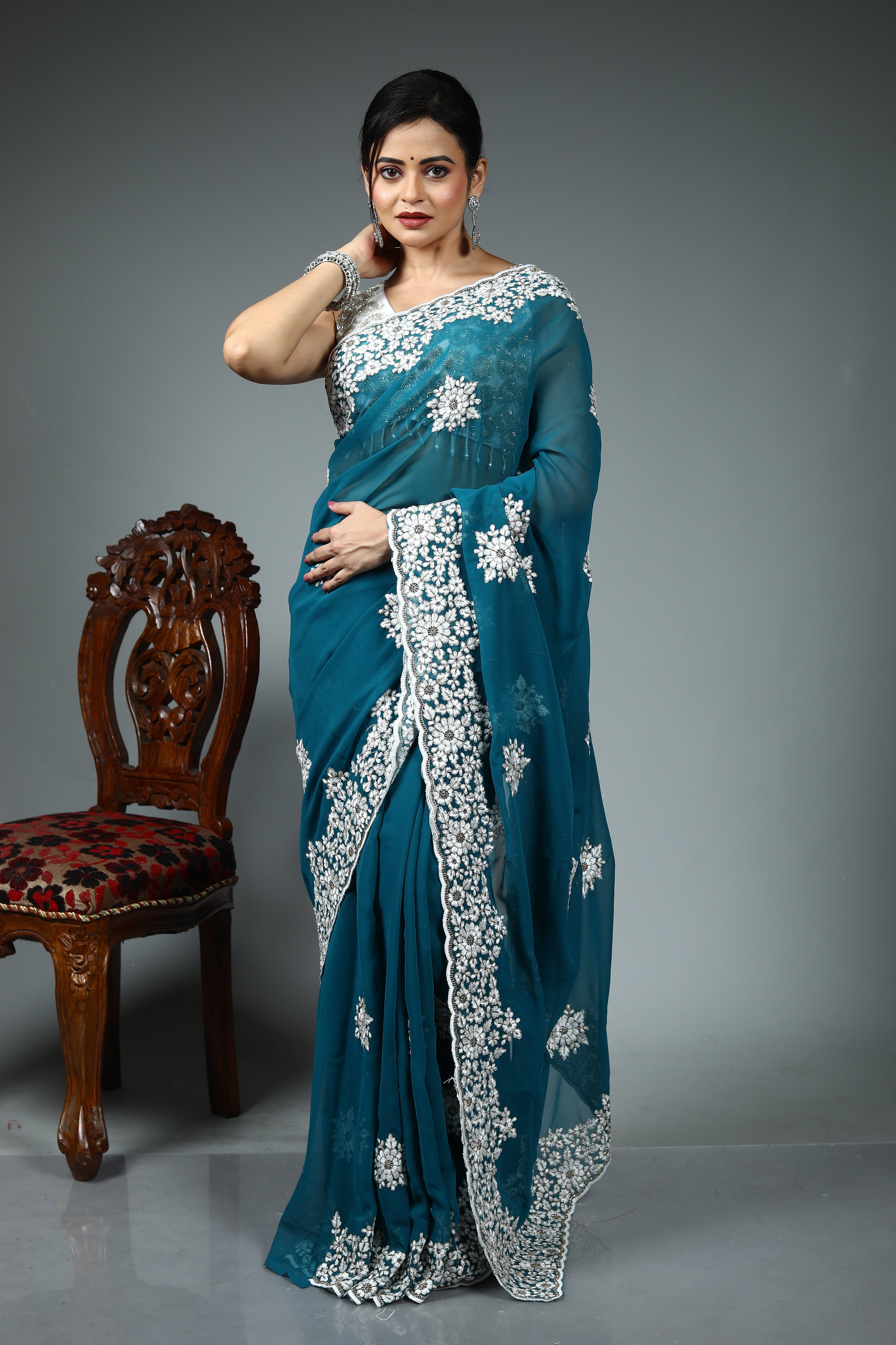 Sea Green Blended Georgette Saree