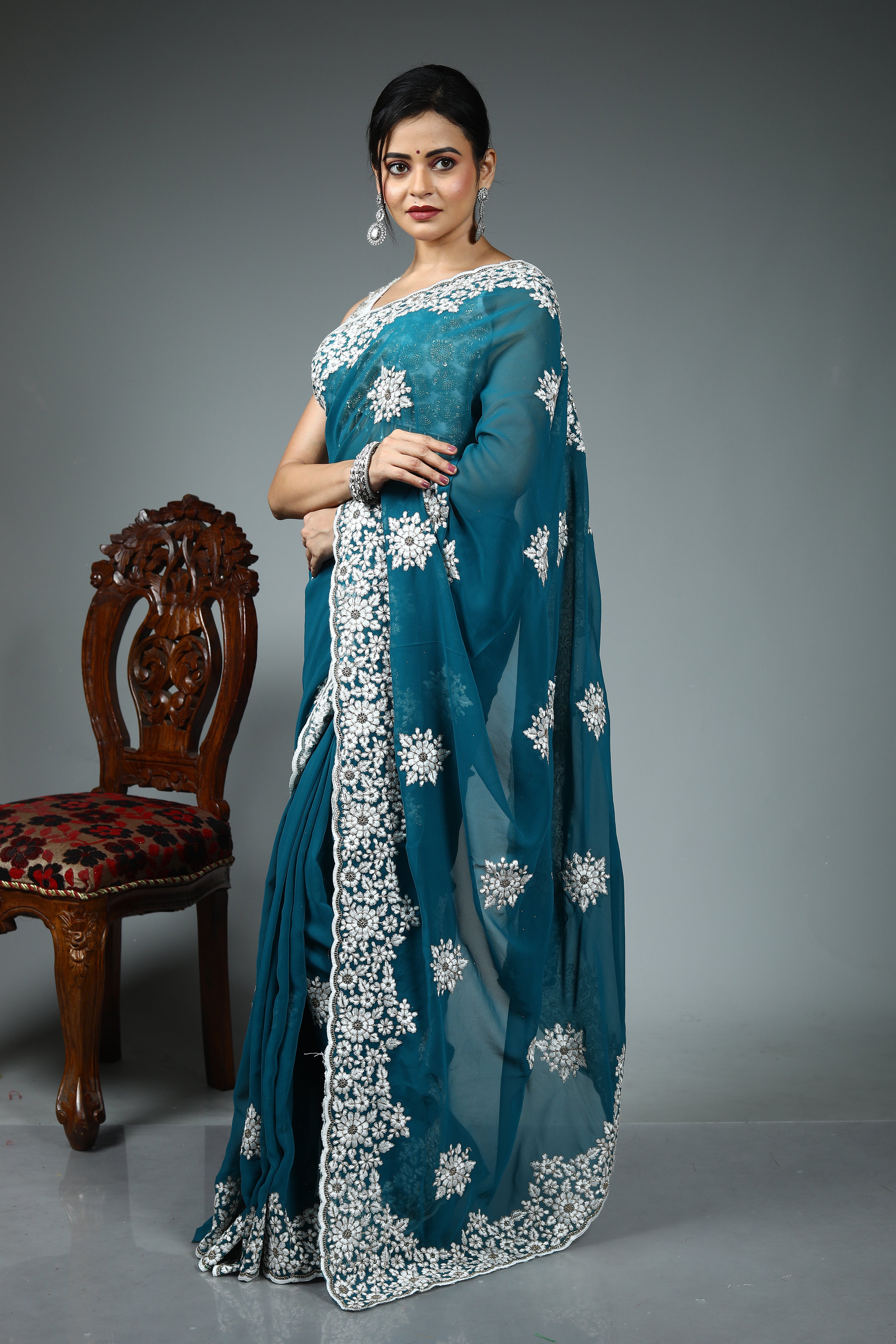 Sea Green Blended Georgette Saree