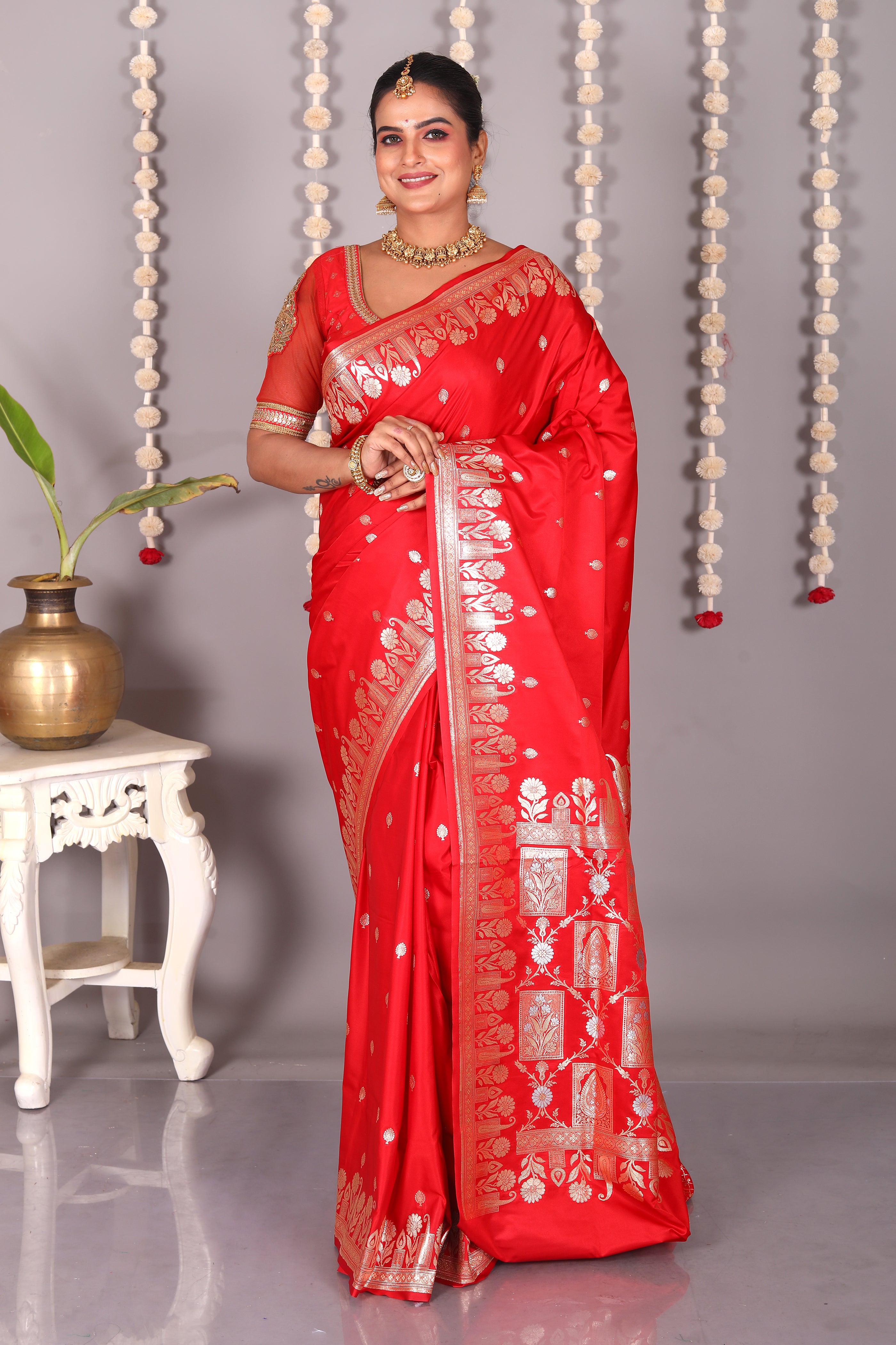 Red Blended Mashru Katan Banarasi Silk Saree - Keya Seth Exclusive