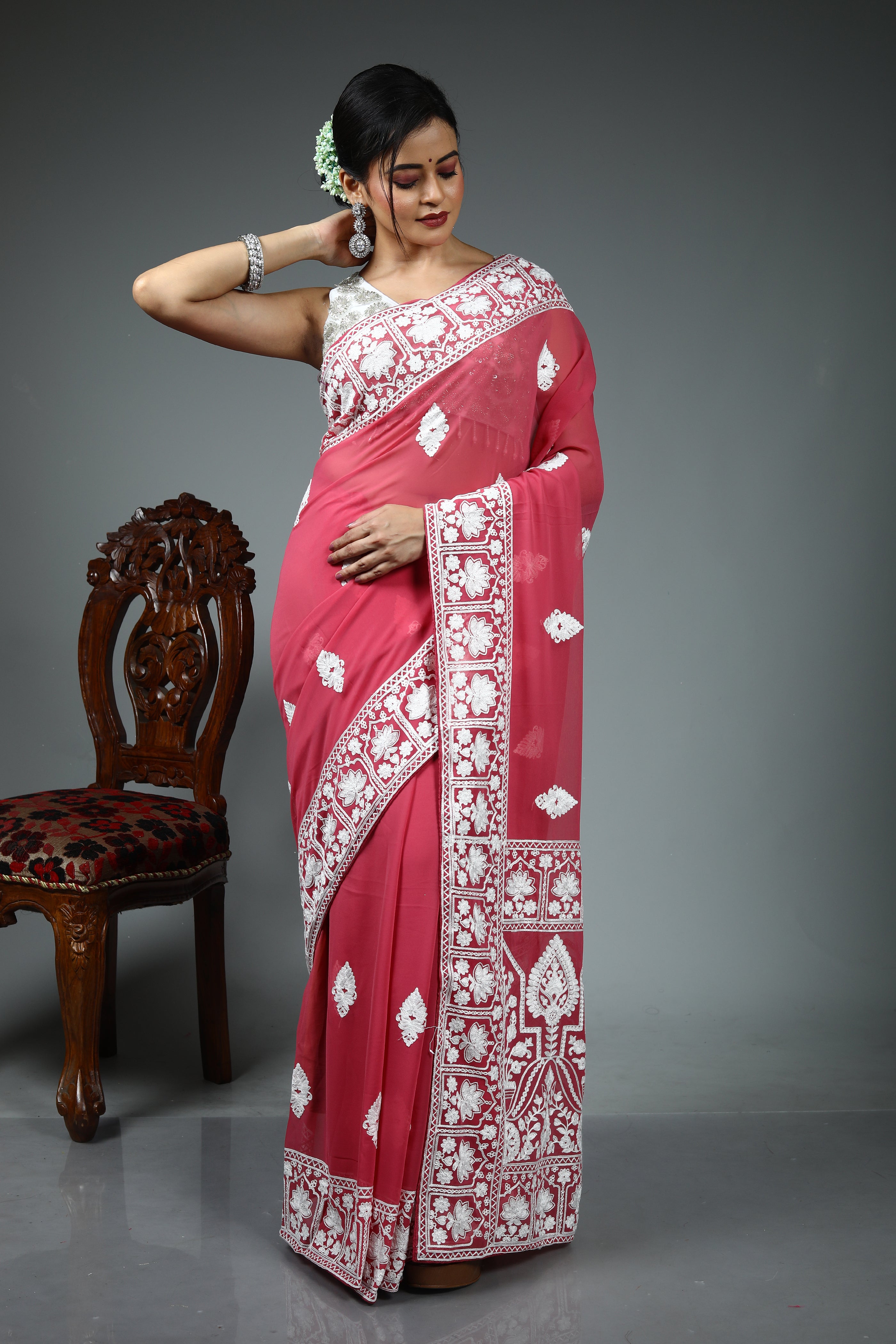 Light Pink Blended Chiffon Silk Saree