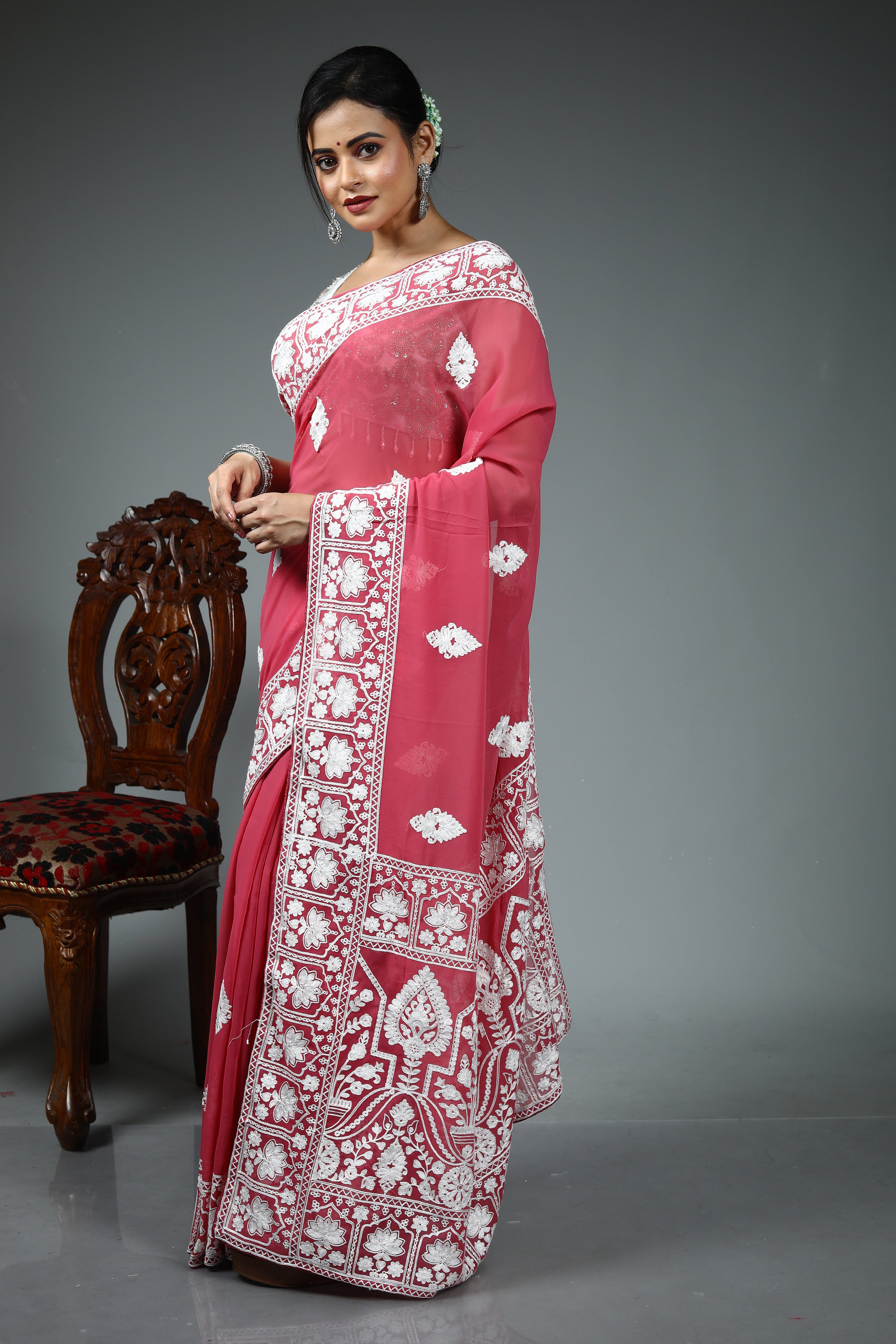 Light Pink Blended Chiffon Silk Saree