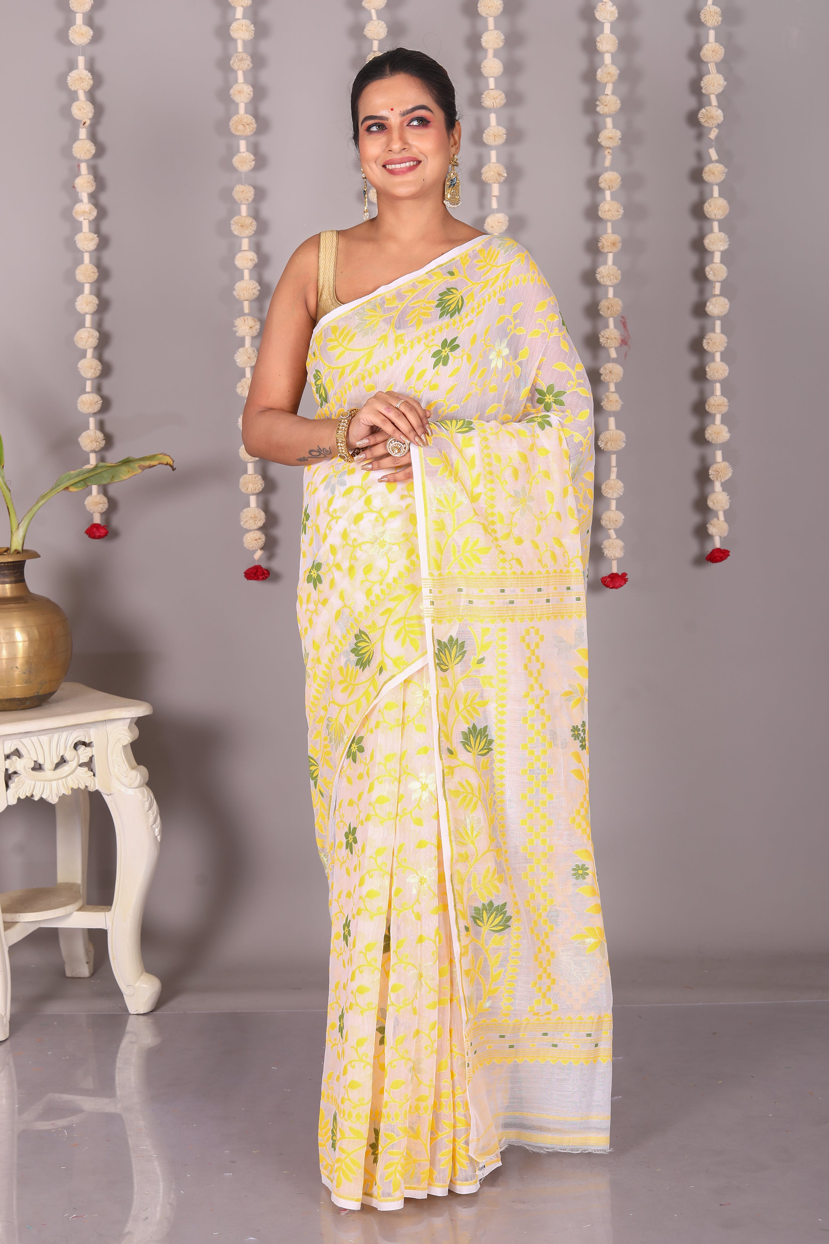 White Cotton Jamdani Saree - Keya Seth Exclusive