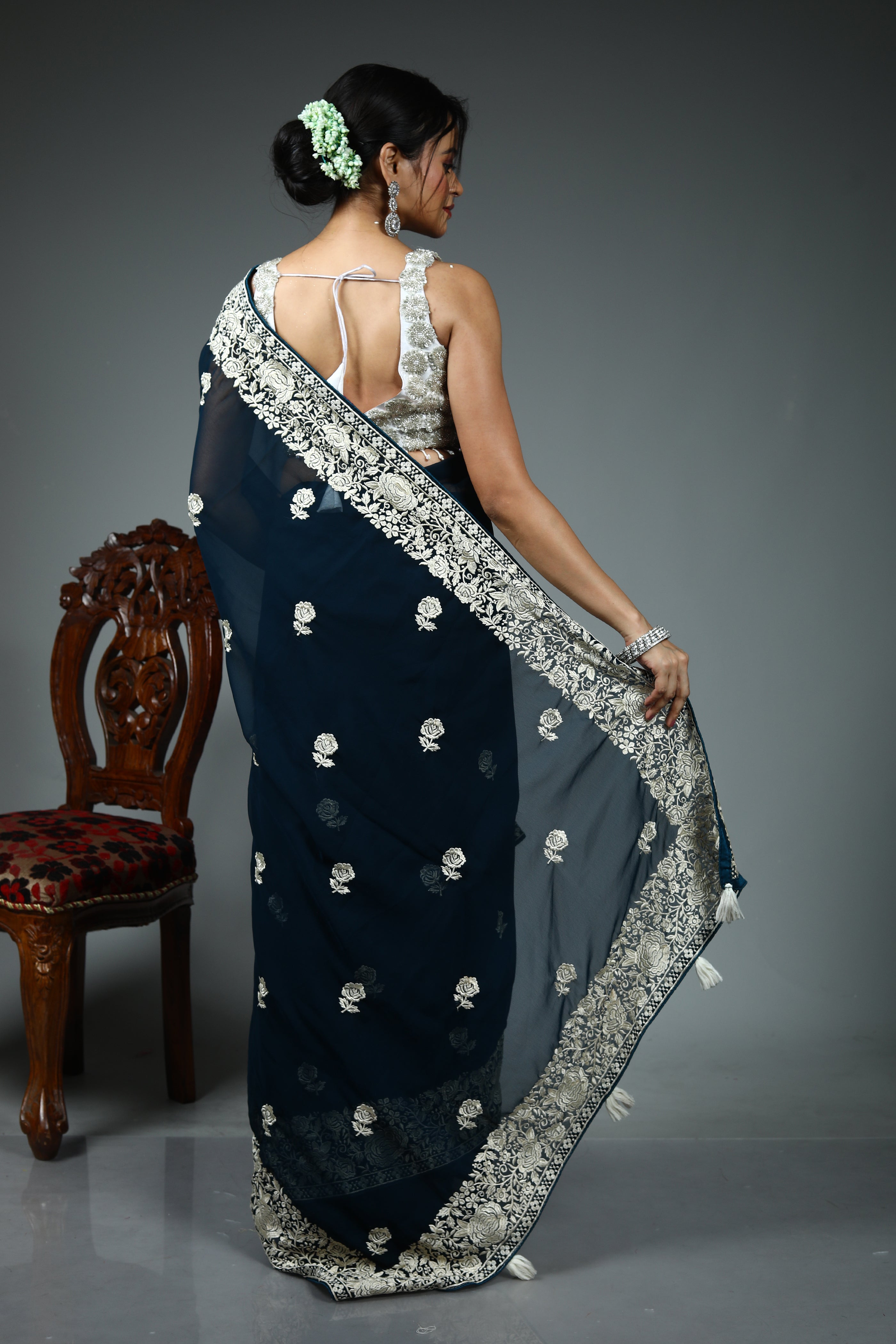 Dark Green Blended Georgette Saree
