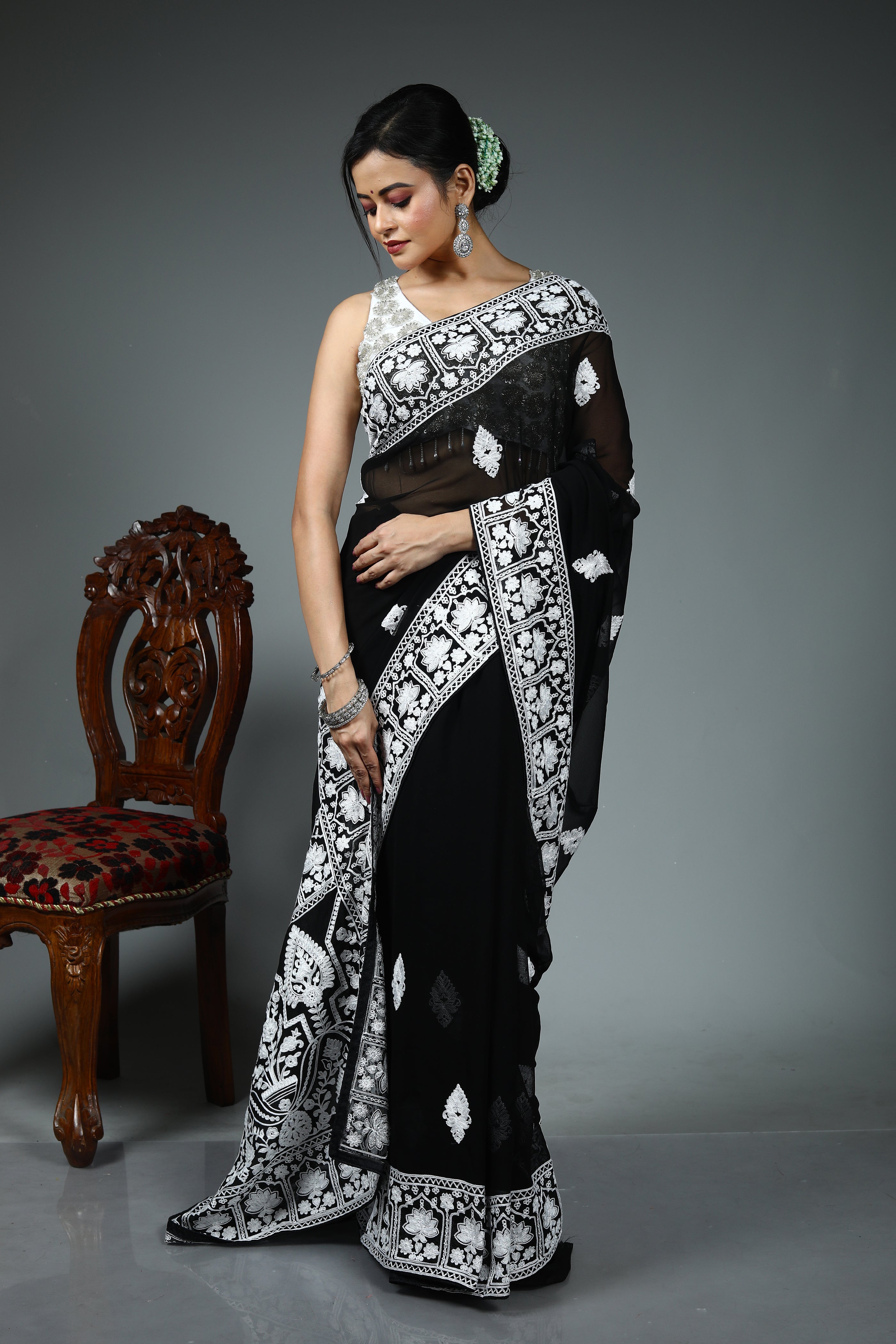 Black Blended Chiffon Saree
