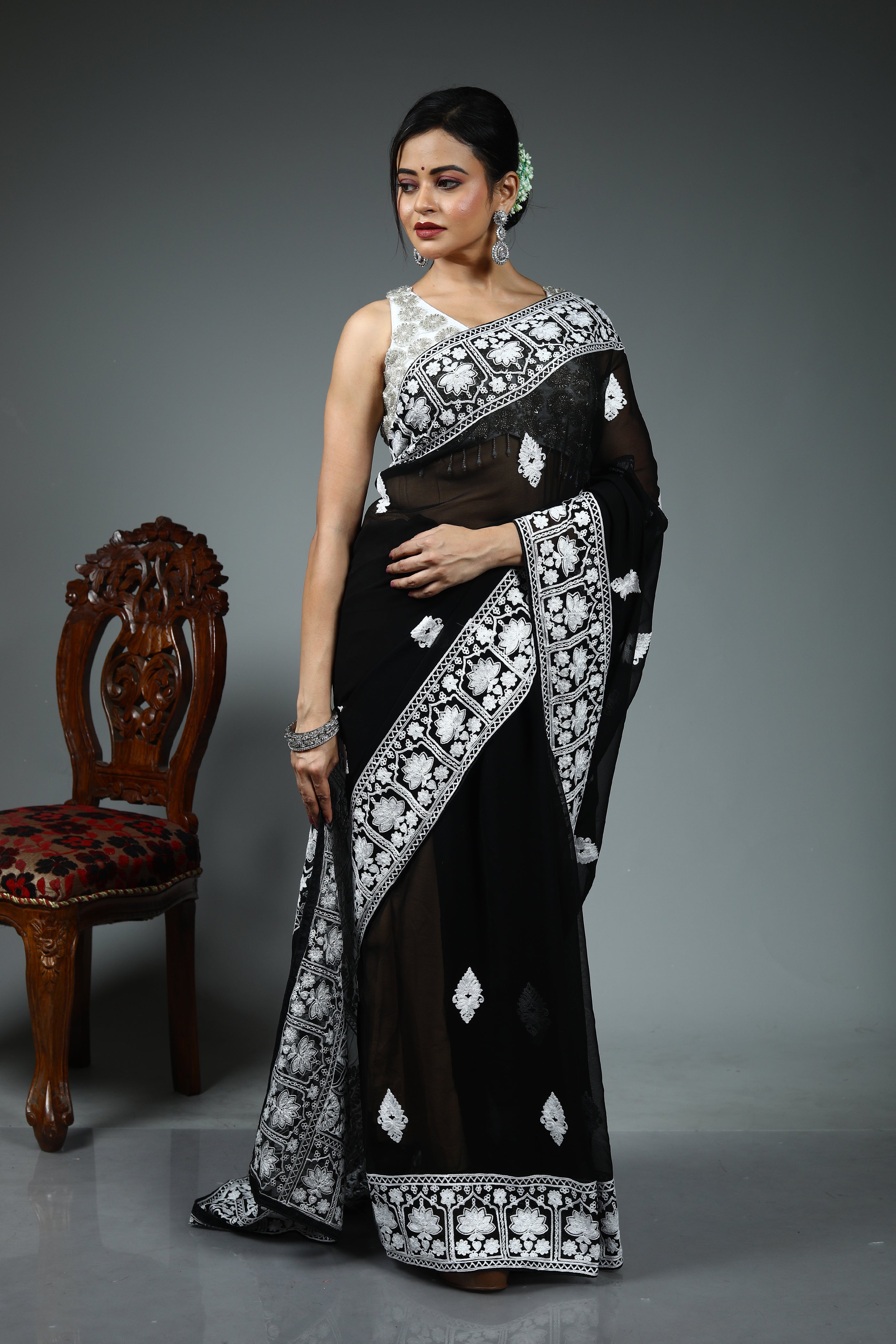 Black Blended Chiffon Saree