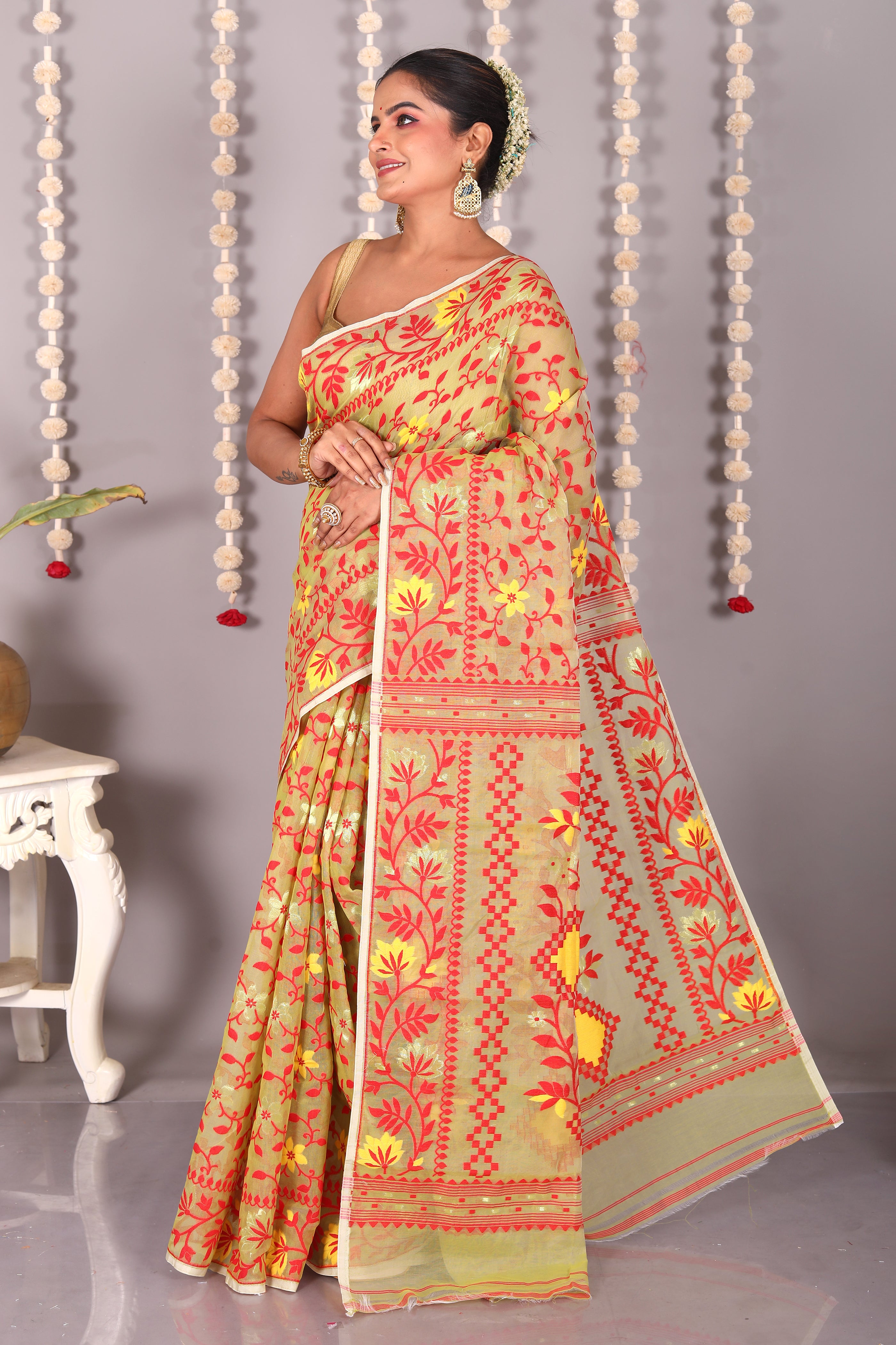 Olive Green Jamdani Cotton Saree - Keya Seth Exclusive