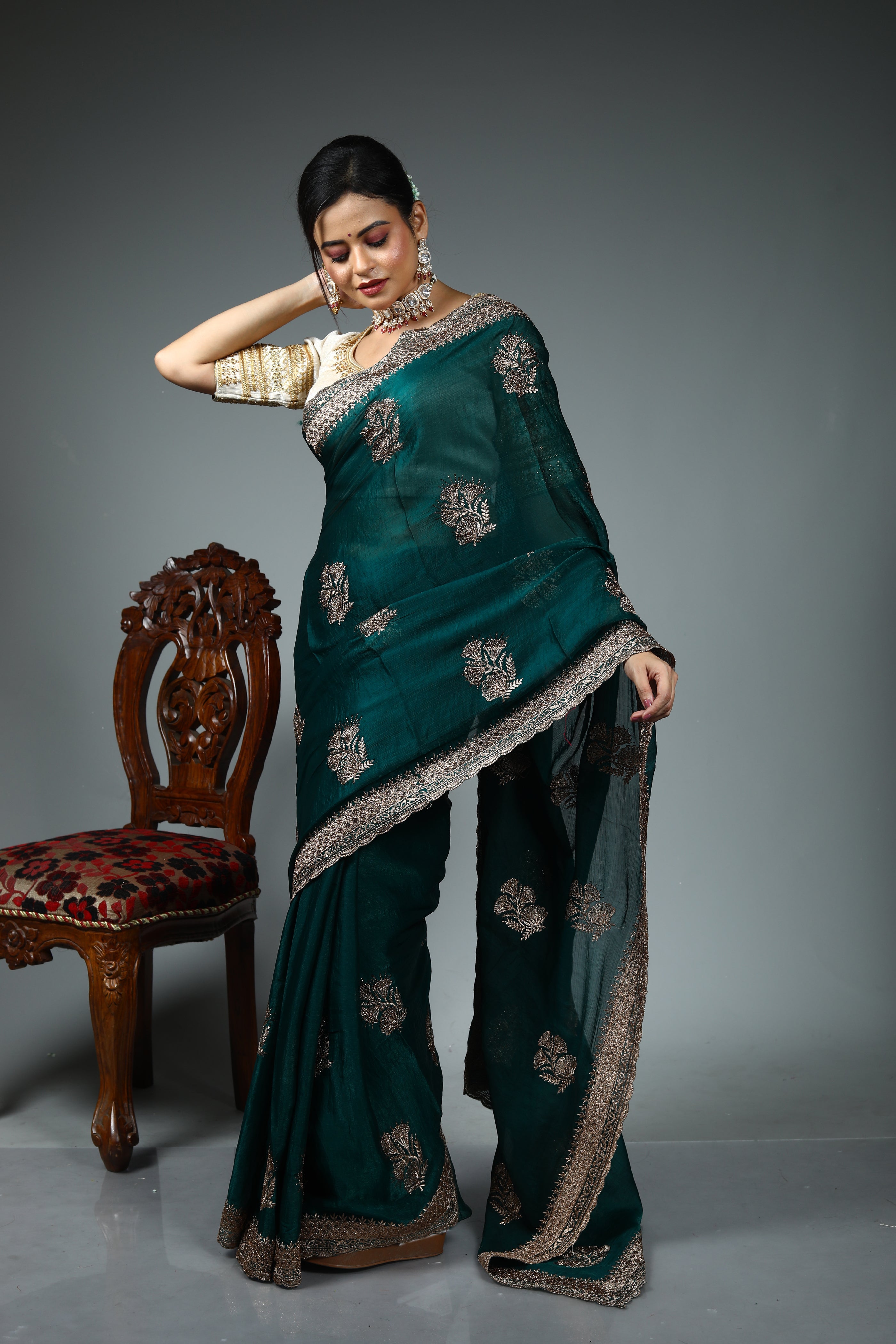 Dark Green Blended Georgette Saree