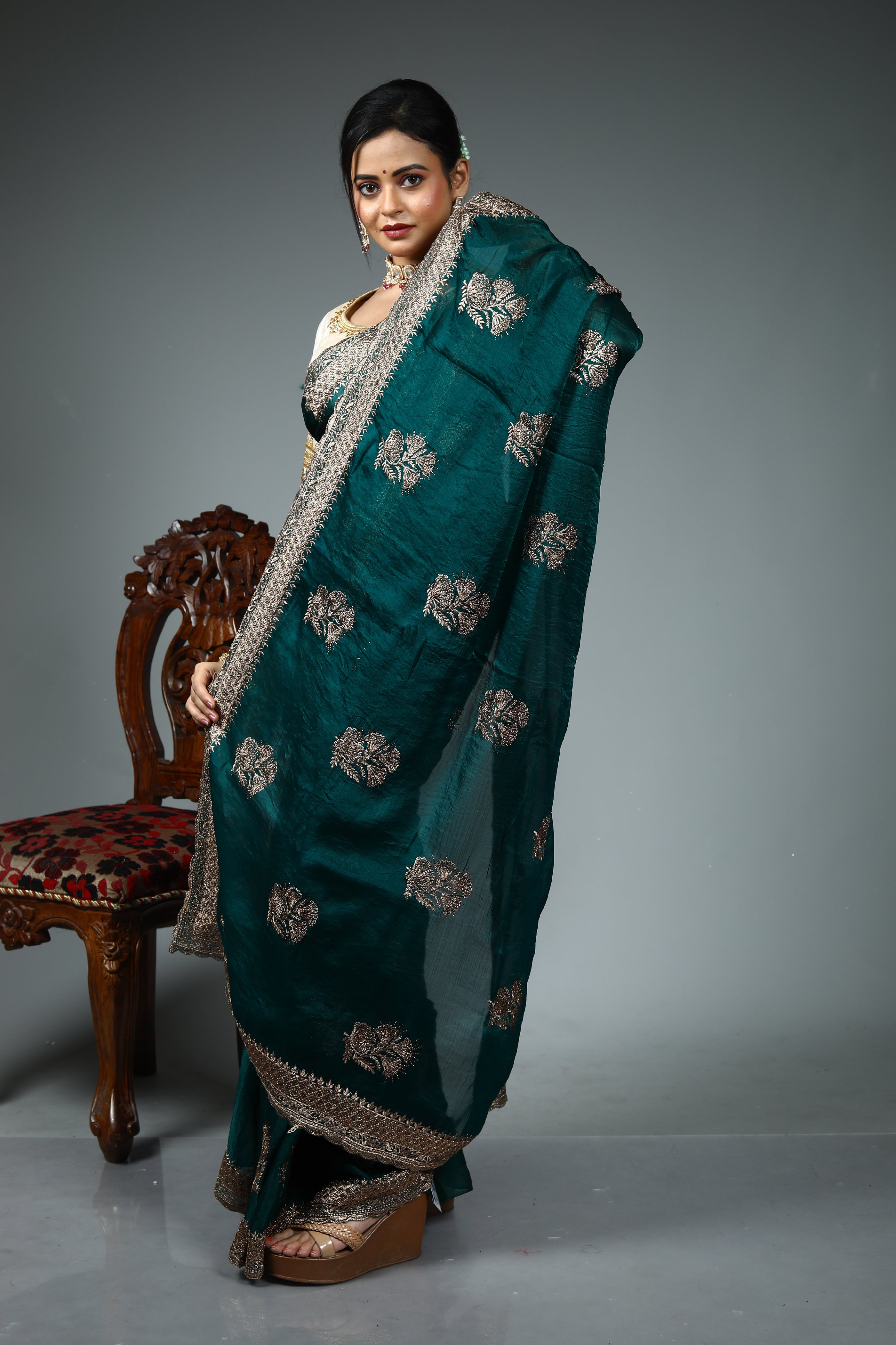 Dark Green Blended Georgette Saree