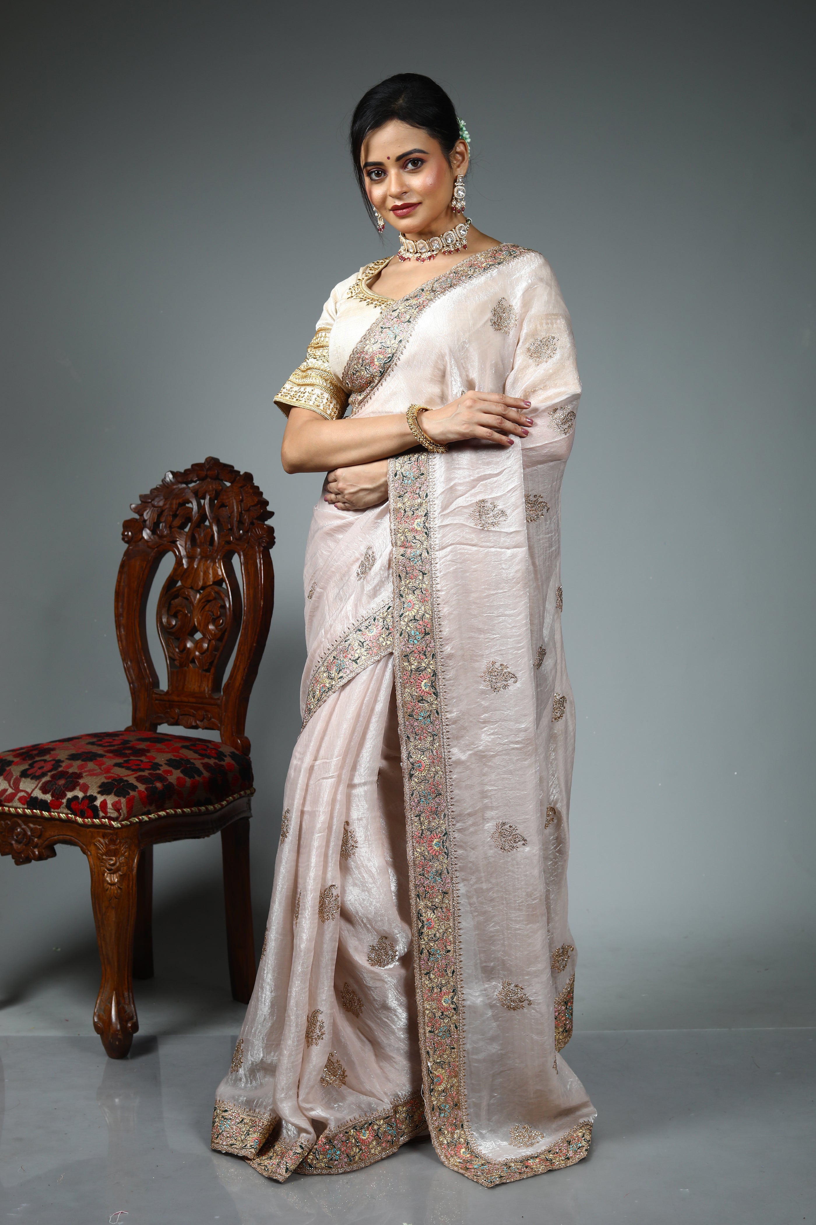 White Blended Georgette Saree