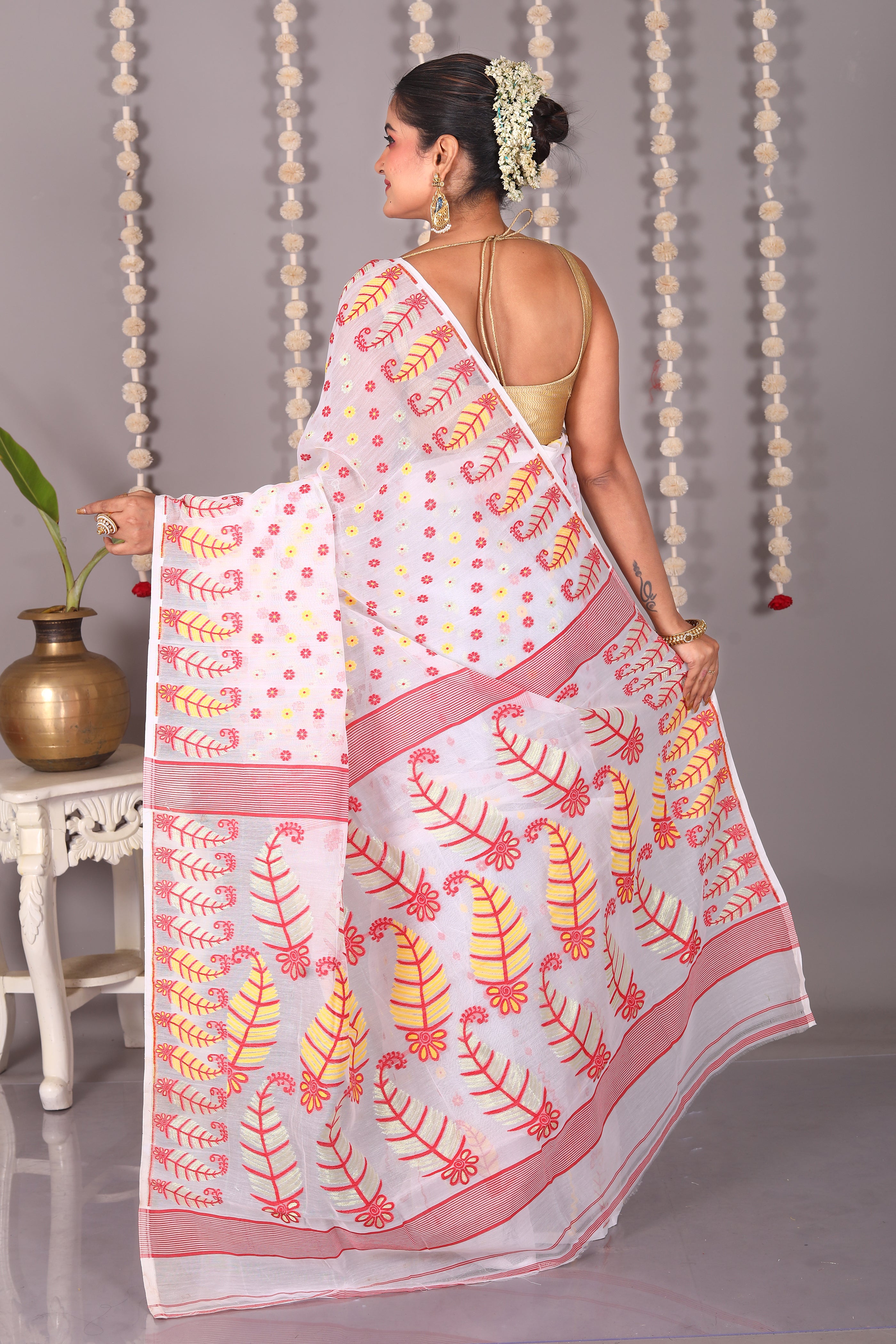 White Cotton Jamdani Saree - Keya Seth Exclusive