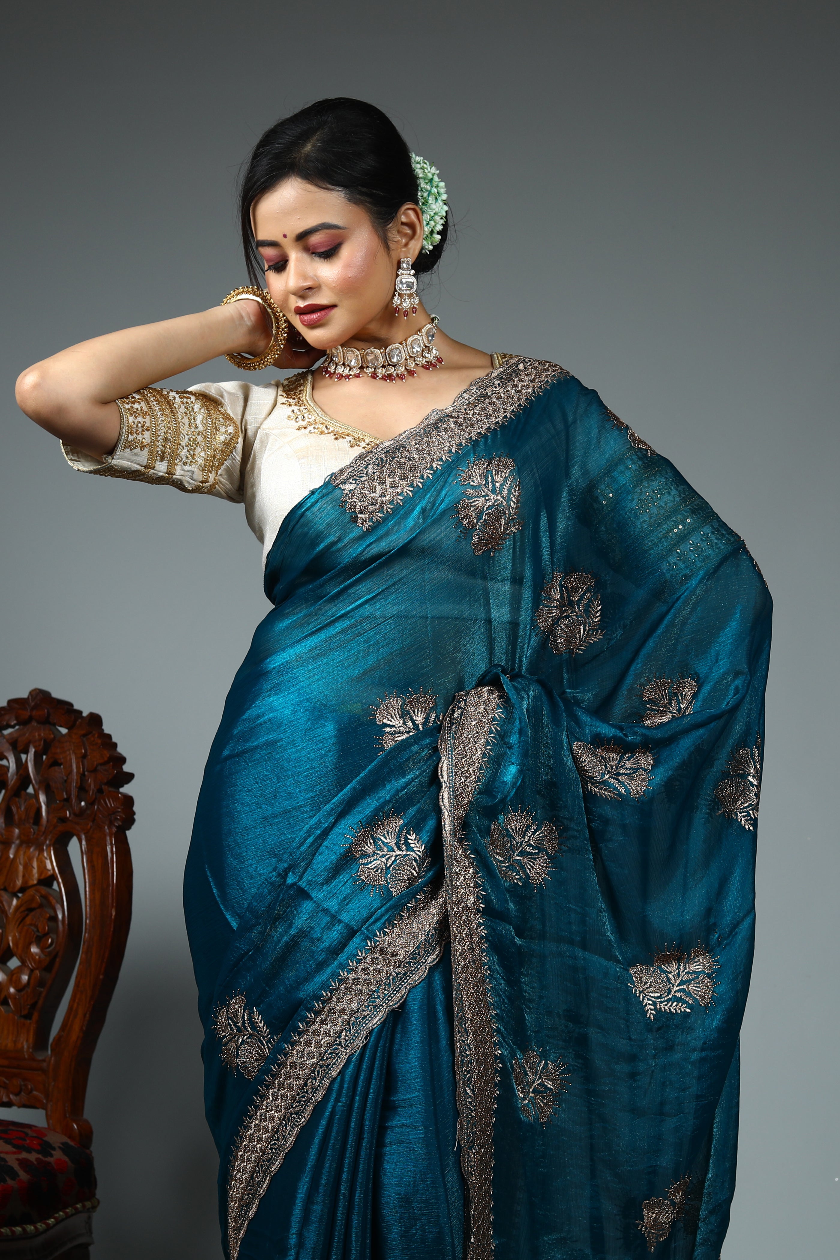 Sea Green Blended Georgette Saree