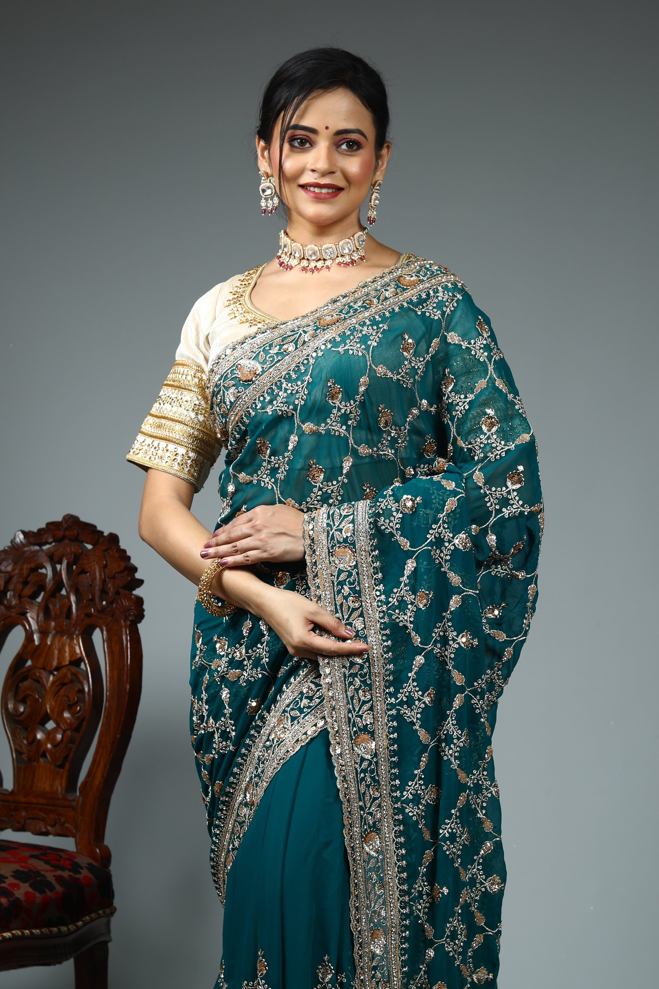 Green Blended Goergette Saree