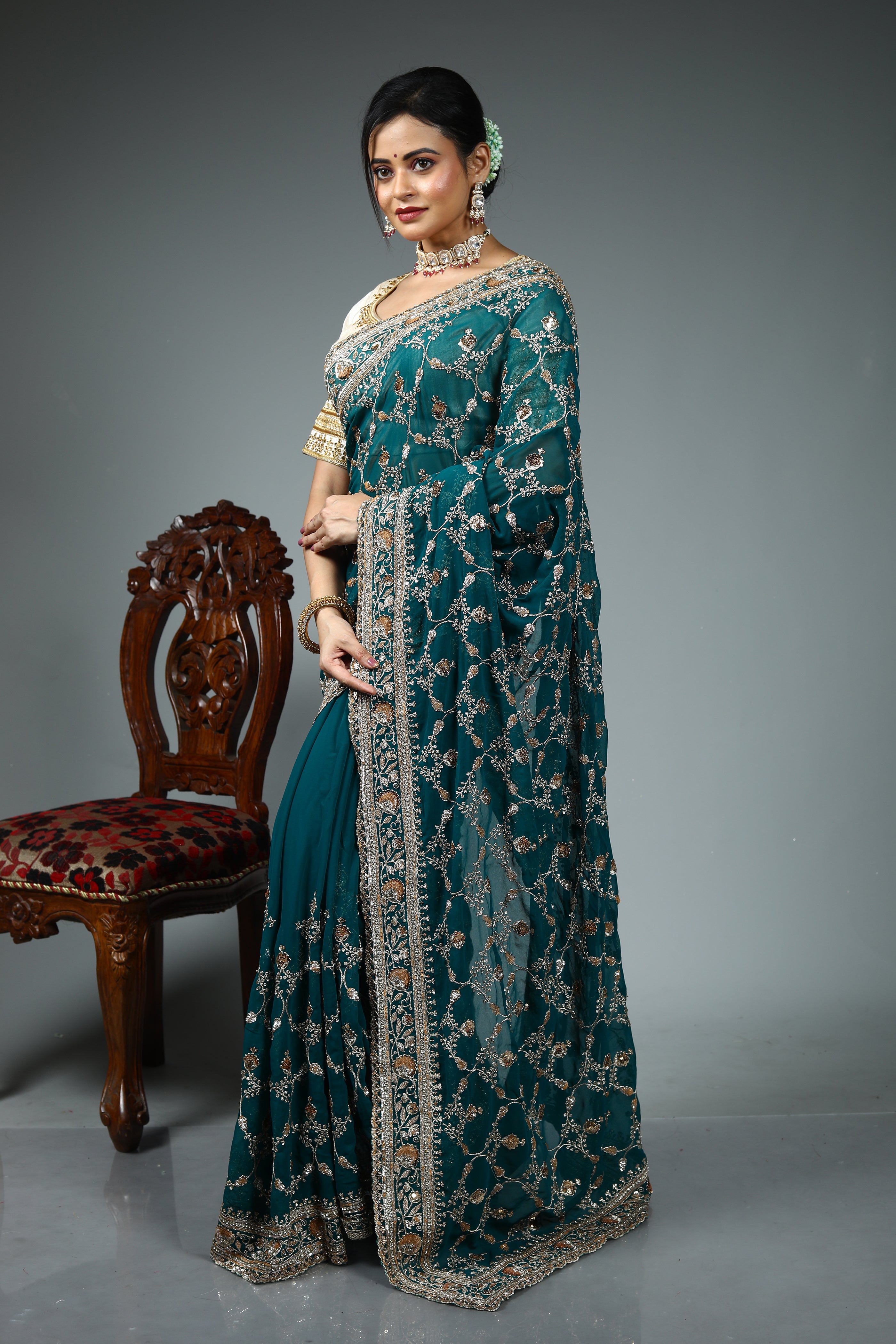 Green Blended Goergette Saree