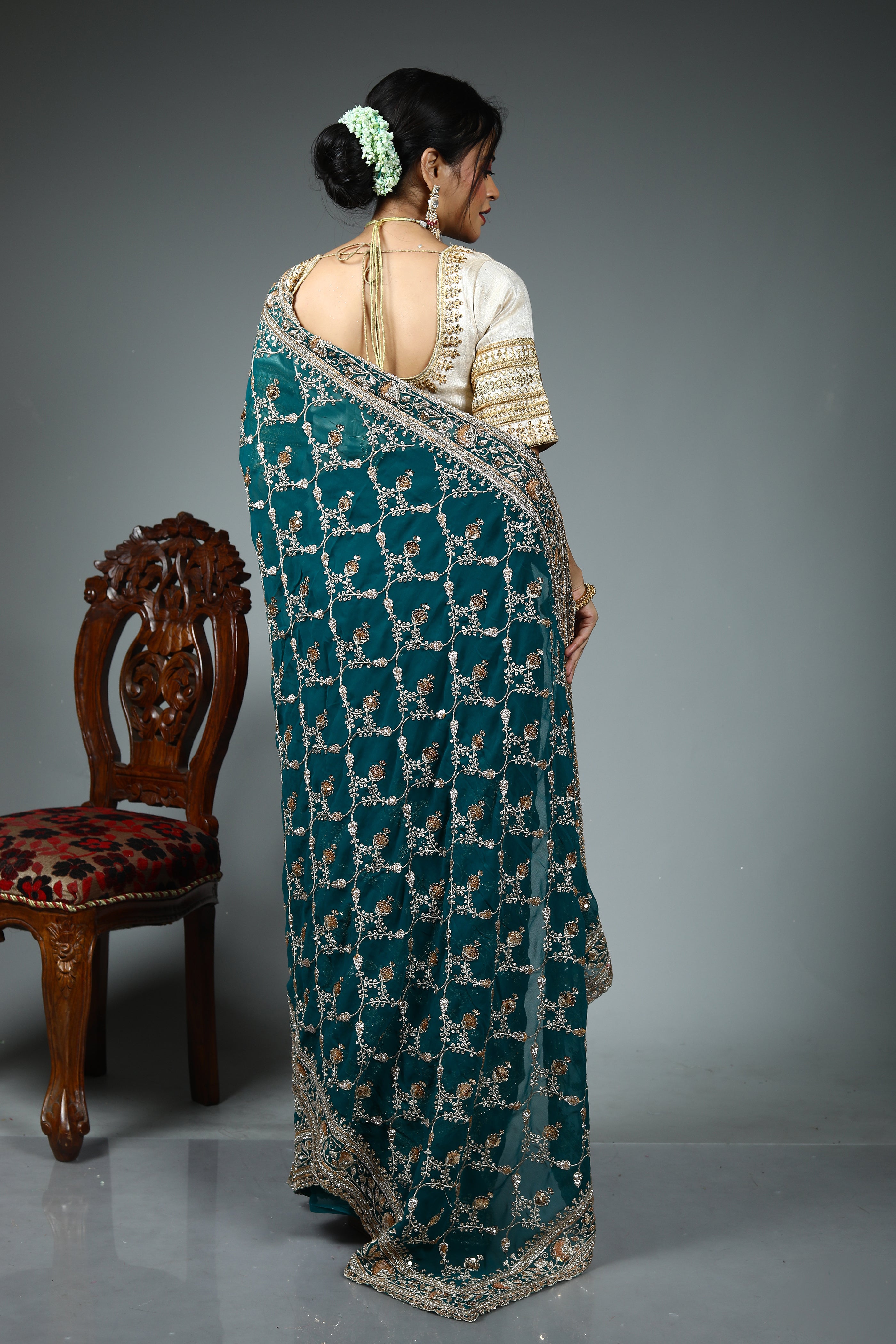 Green Blended Goergette Saree