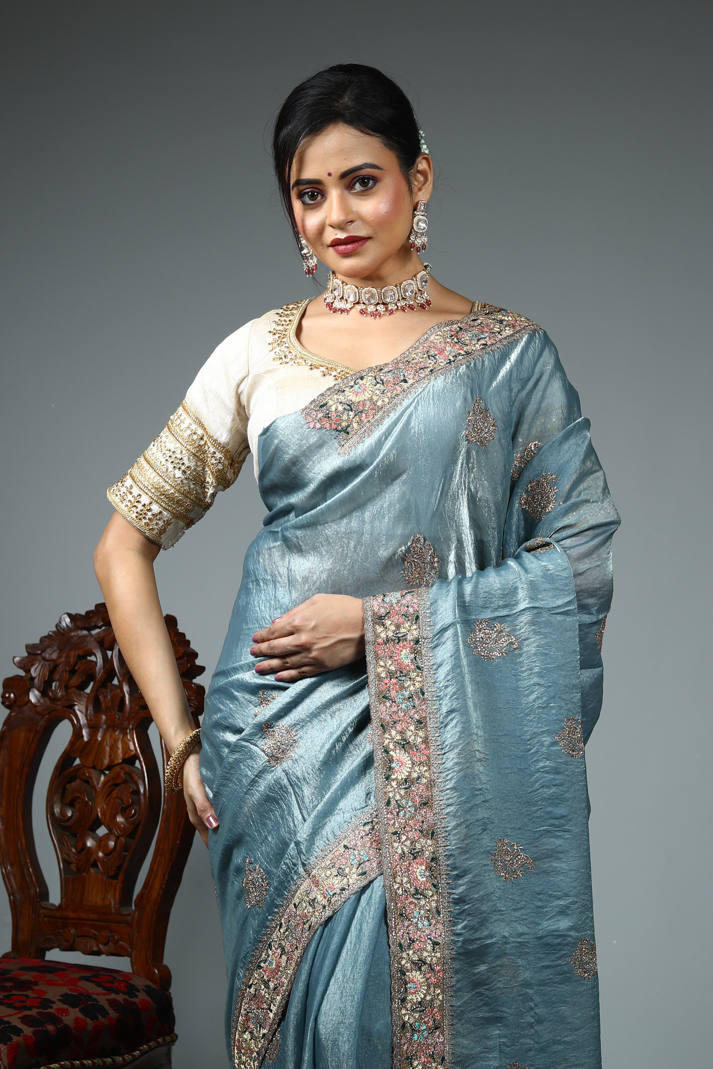 Light Grey Blended Georgette Saree