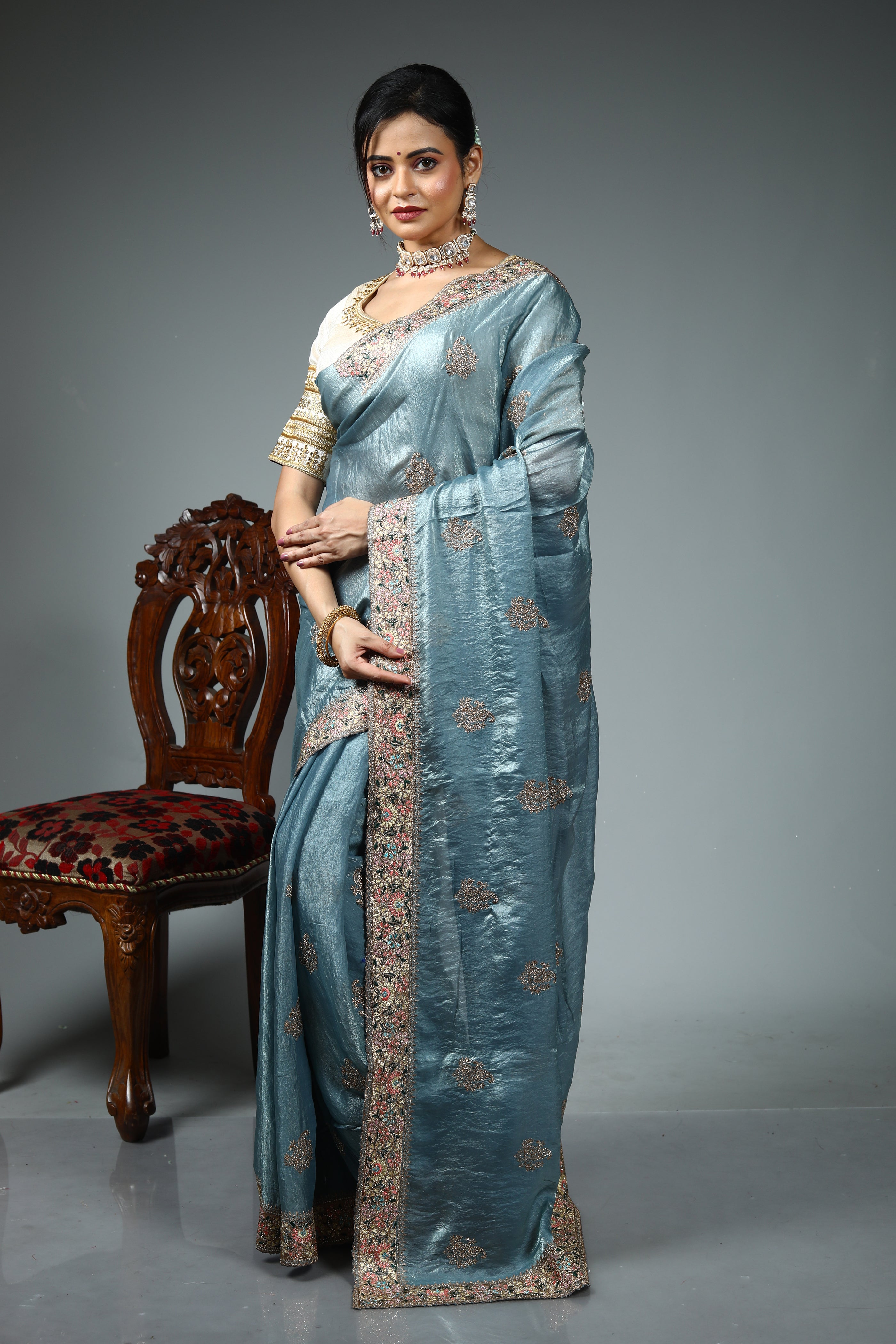 Light Grey Blended Georgette Saree