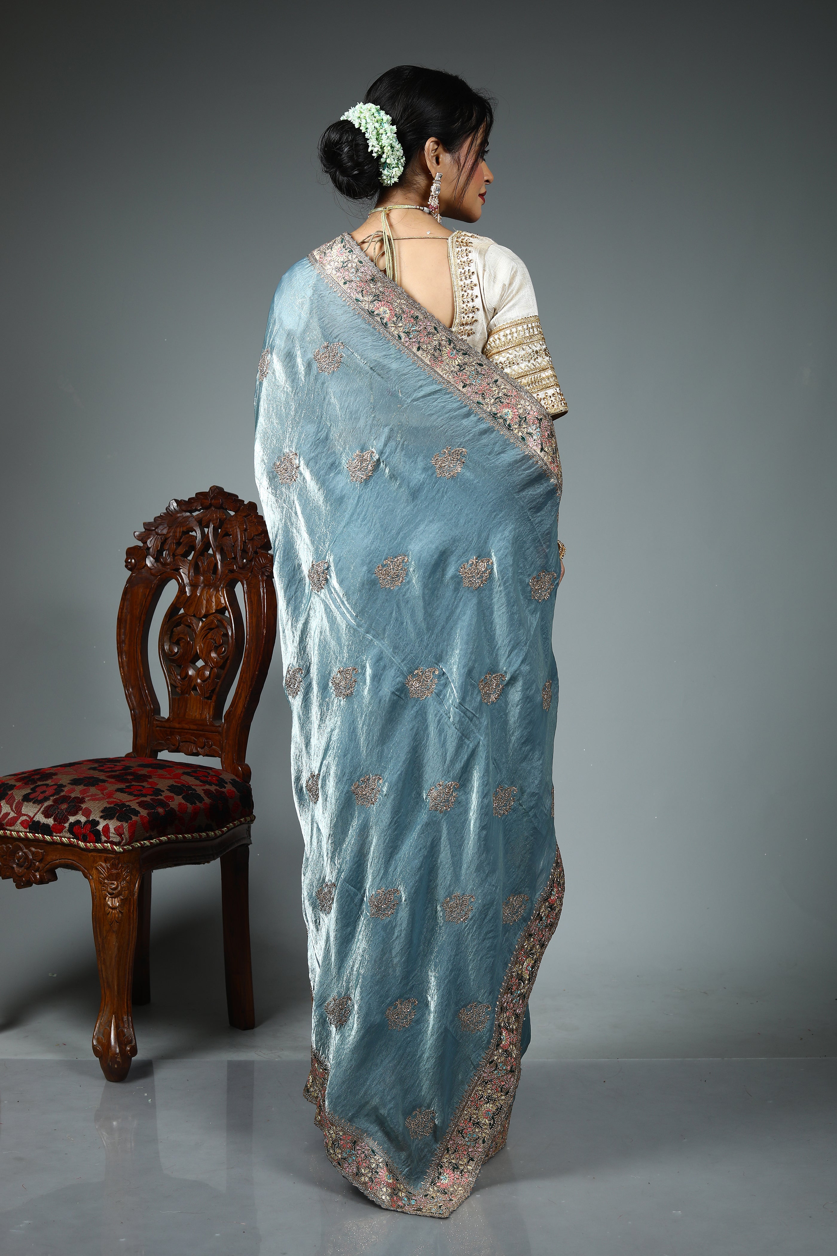 Light Grey Blended Georgette Saree