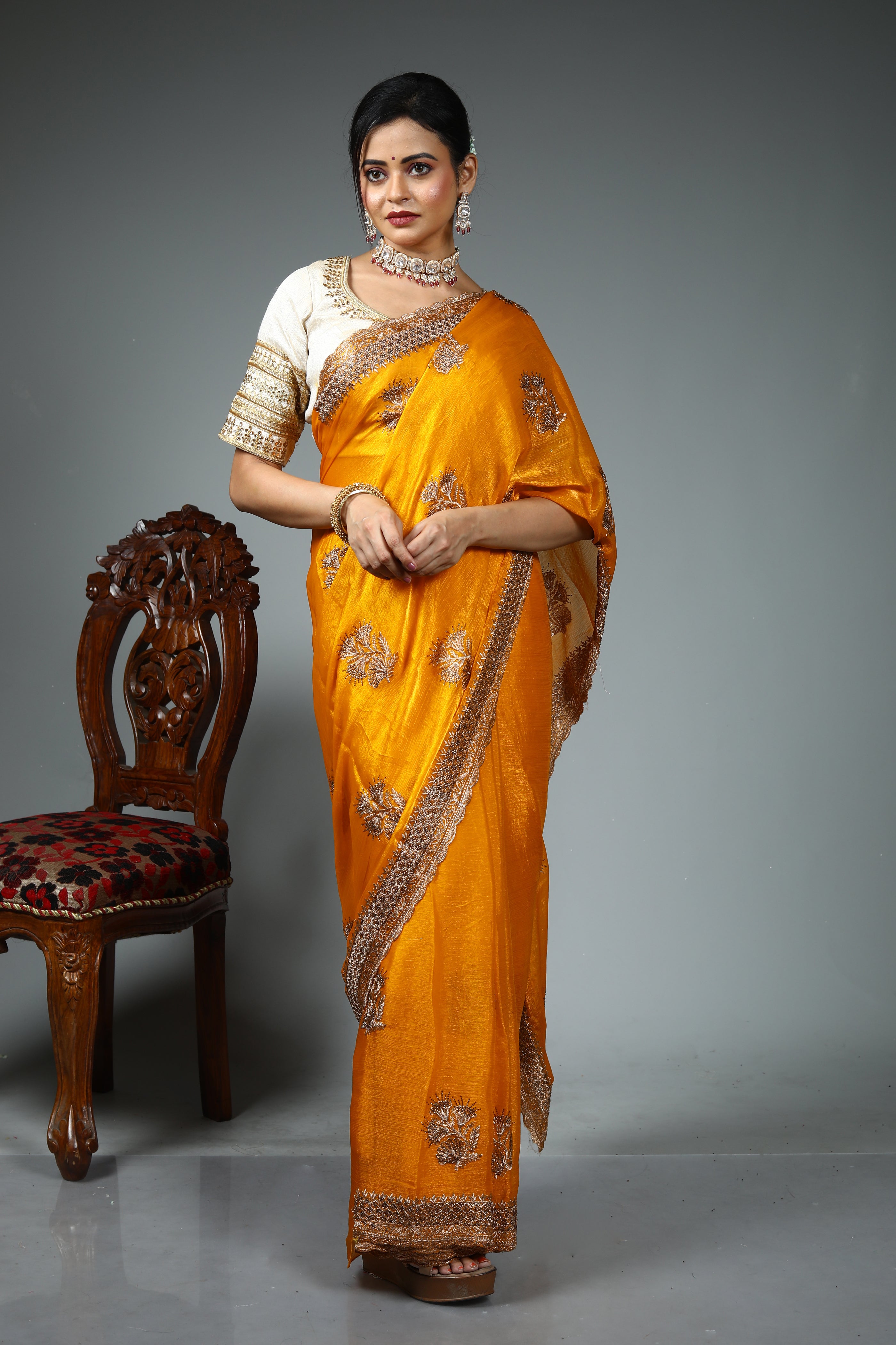 Yellow Blended Georgette Saree