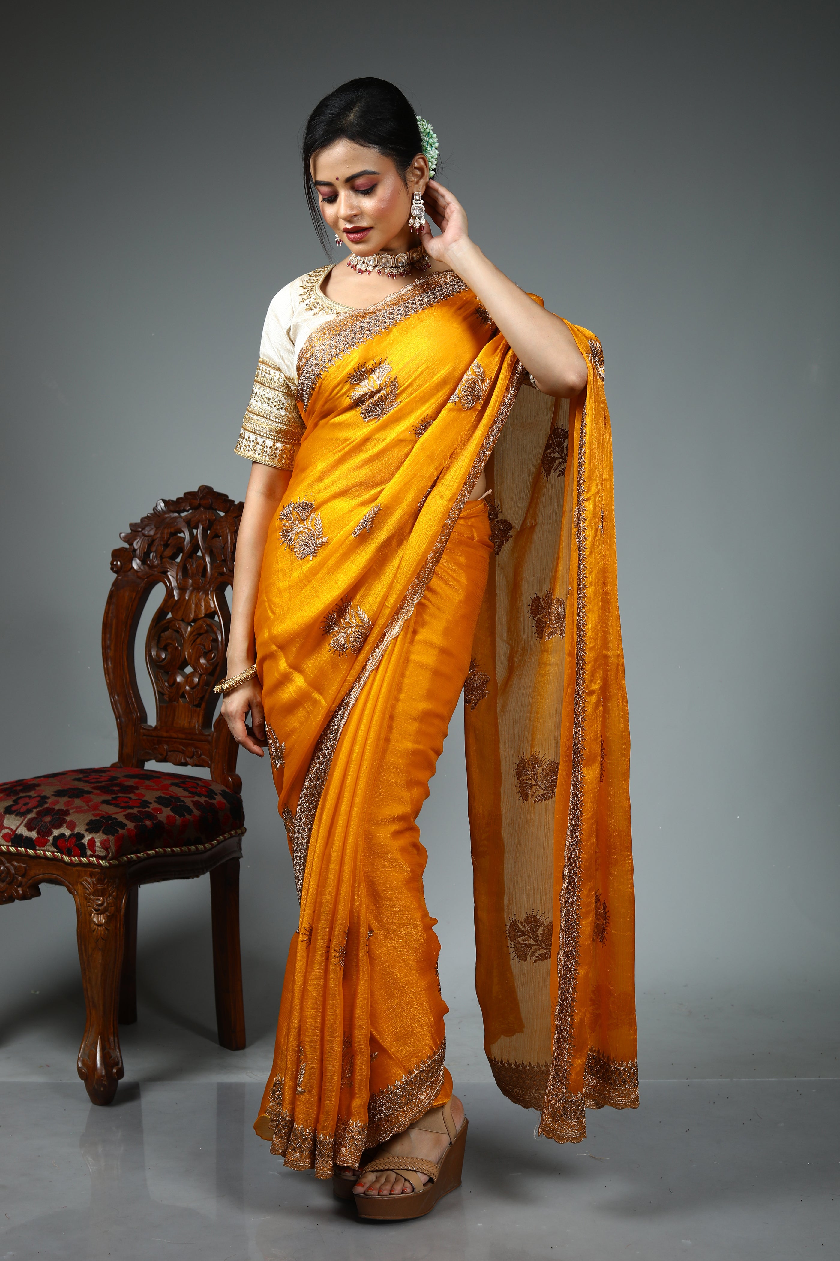 Yellow Blended Georgette Saree