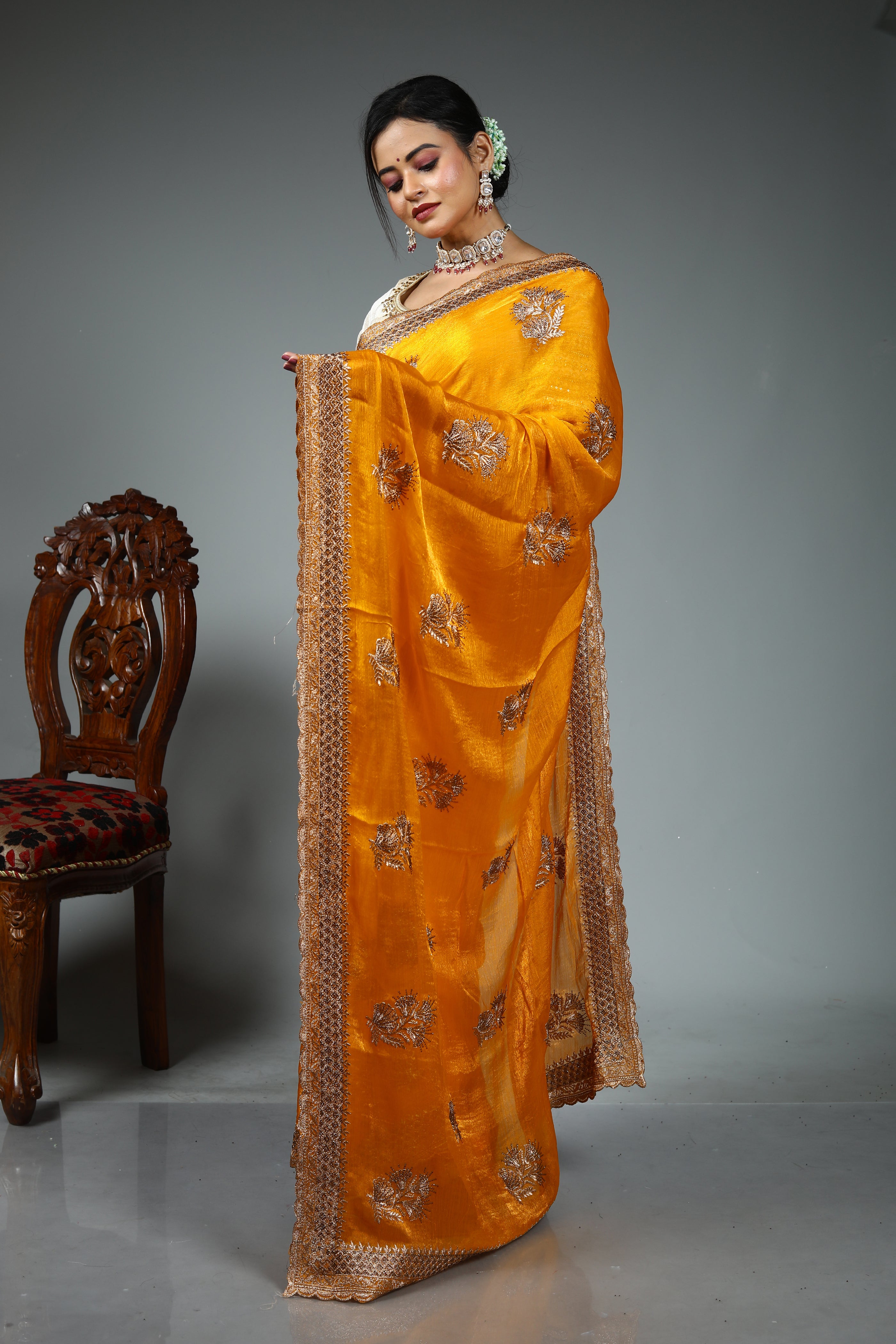 Yellow Blended Georgette Saree