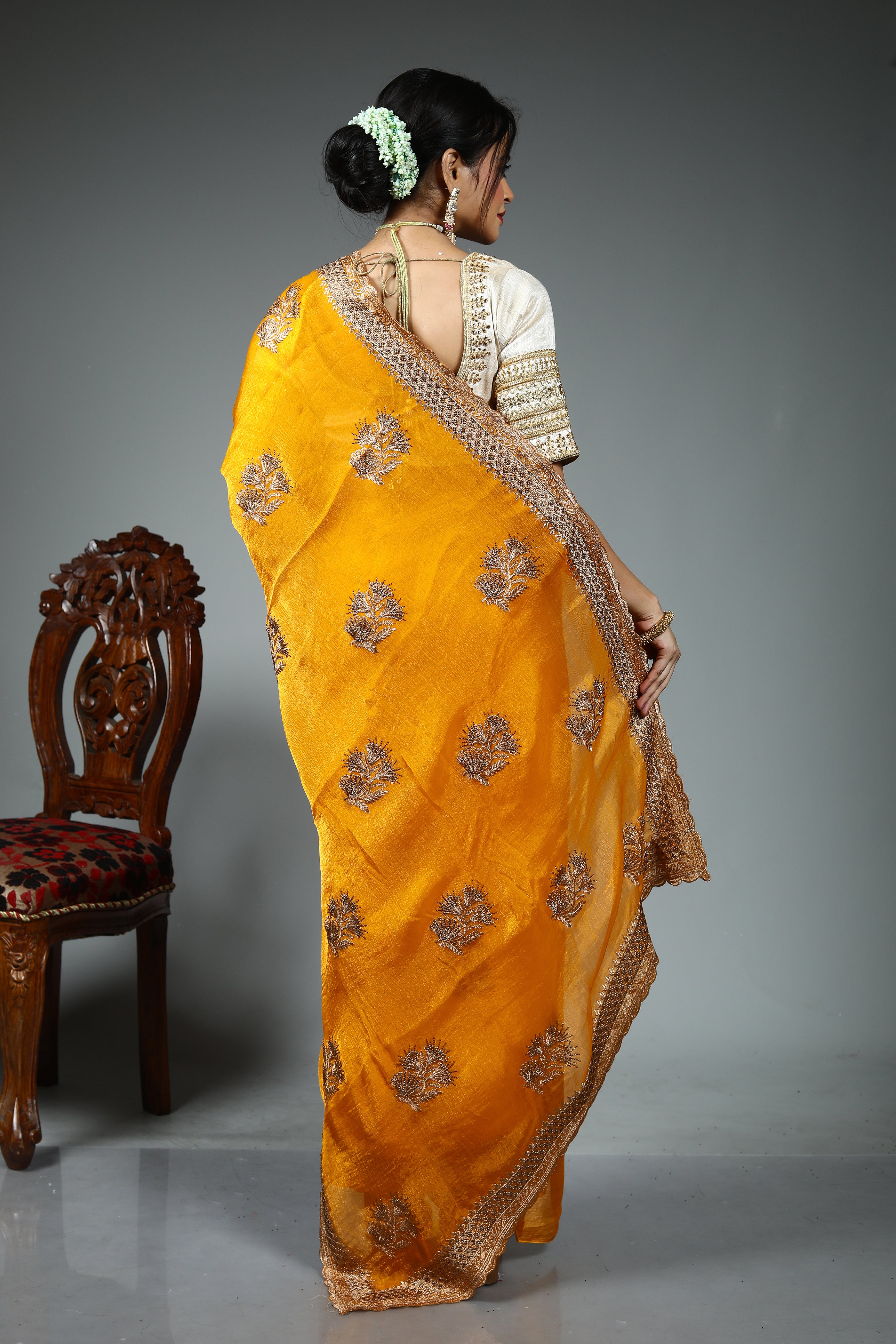 Yellow Blended Georgette Saree