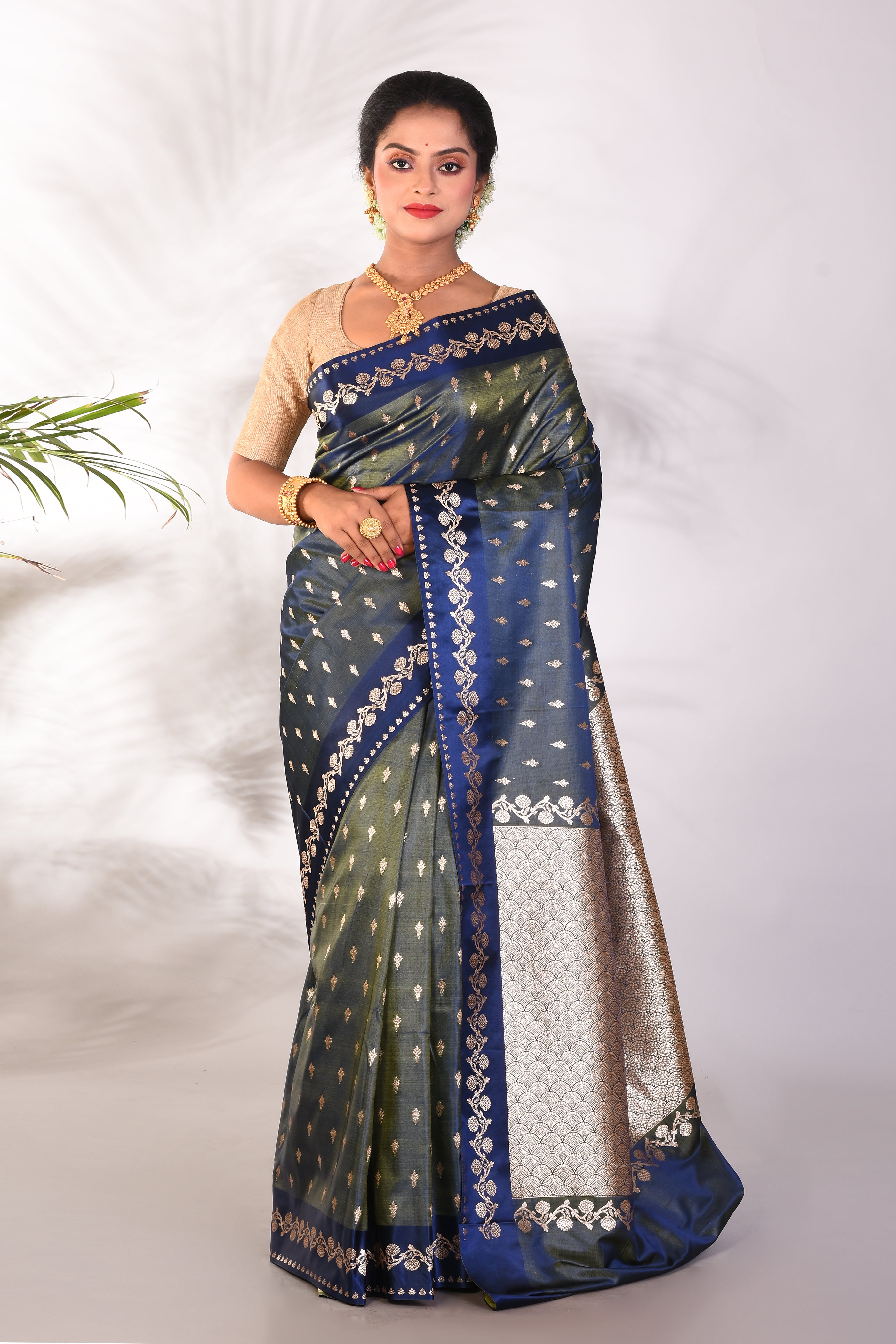 Dual Tone Olive Mushroo Silk Saree - Keya Seth Exclusive
