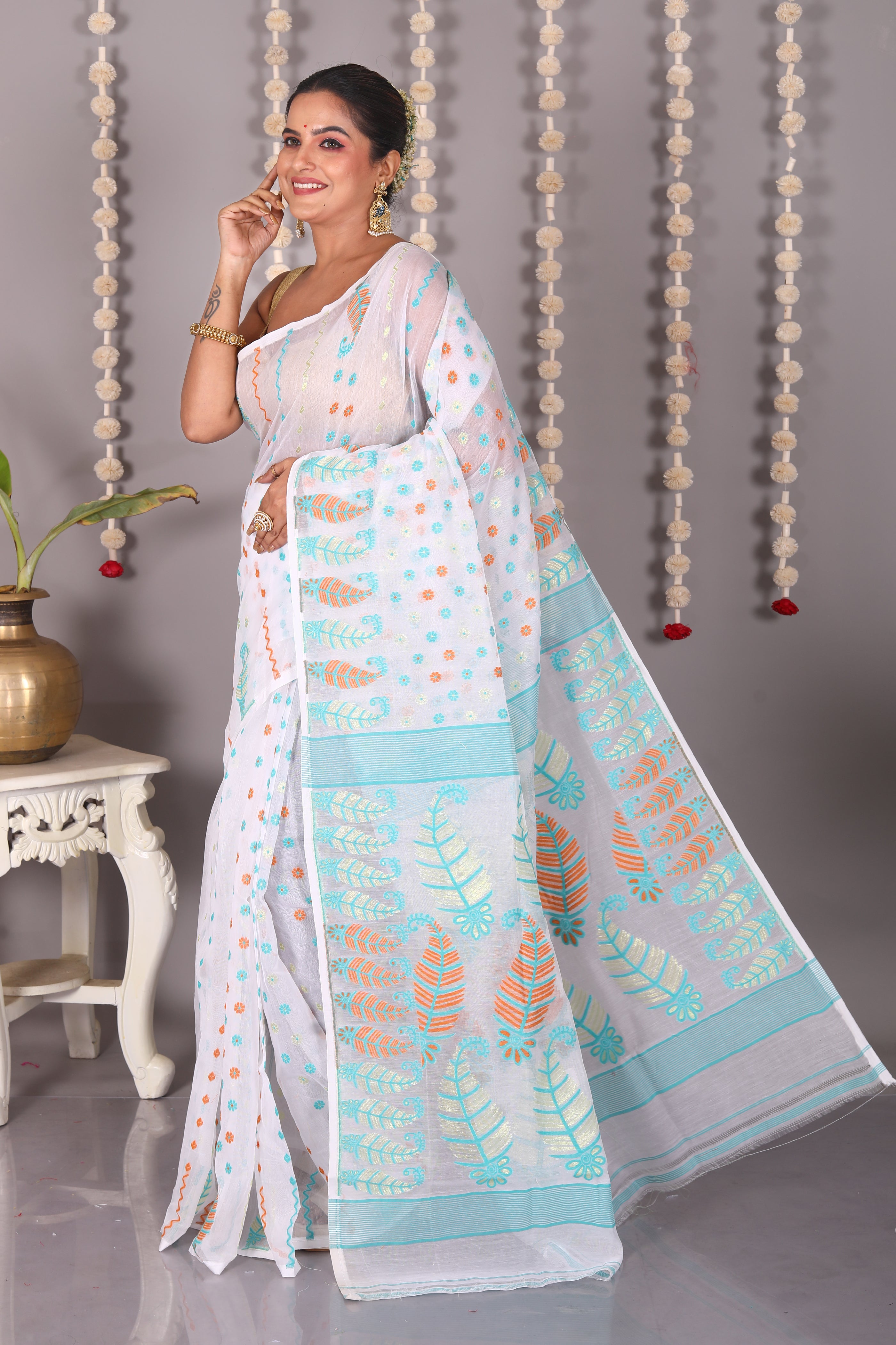 White Cotton Jamdani Saree - Keya Seth Exclusive