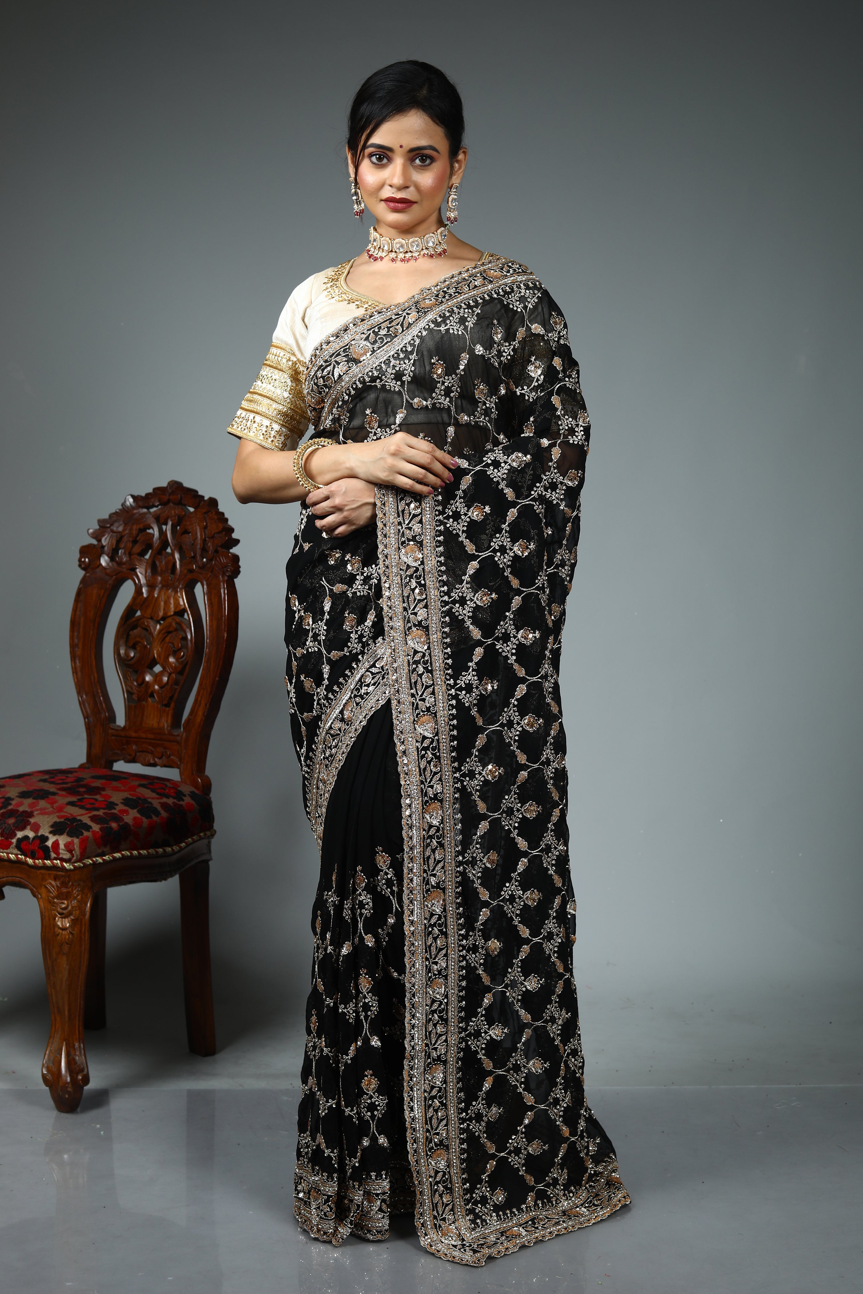 Black Blended Georgette Saree