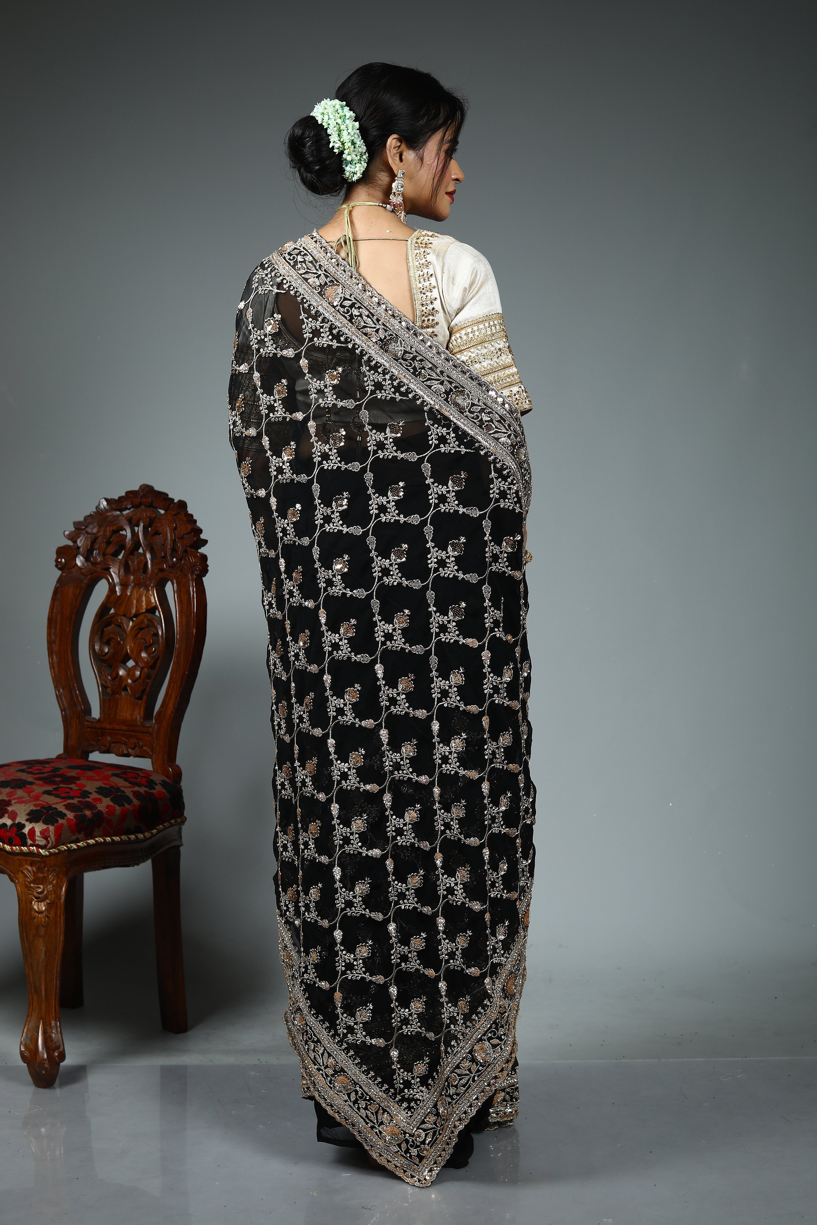 Black Blended Georgette Saree