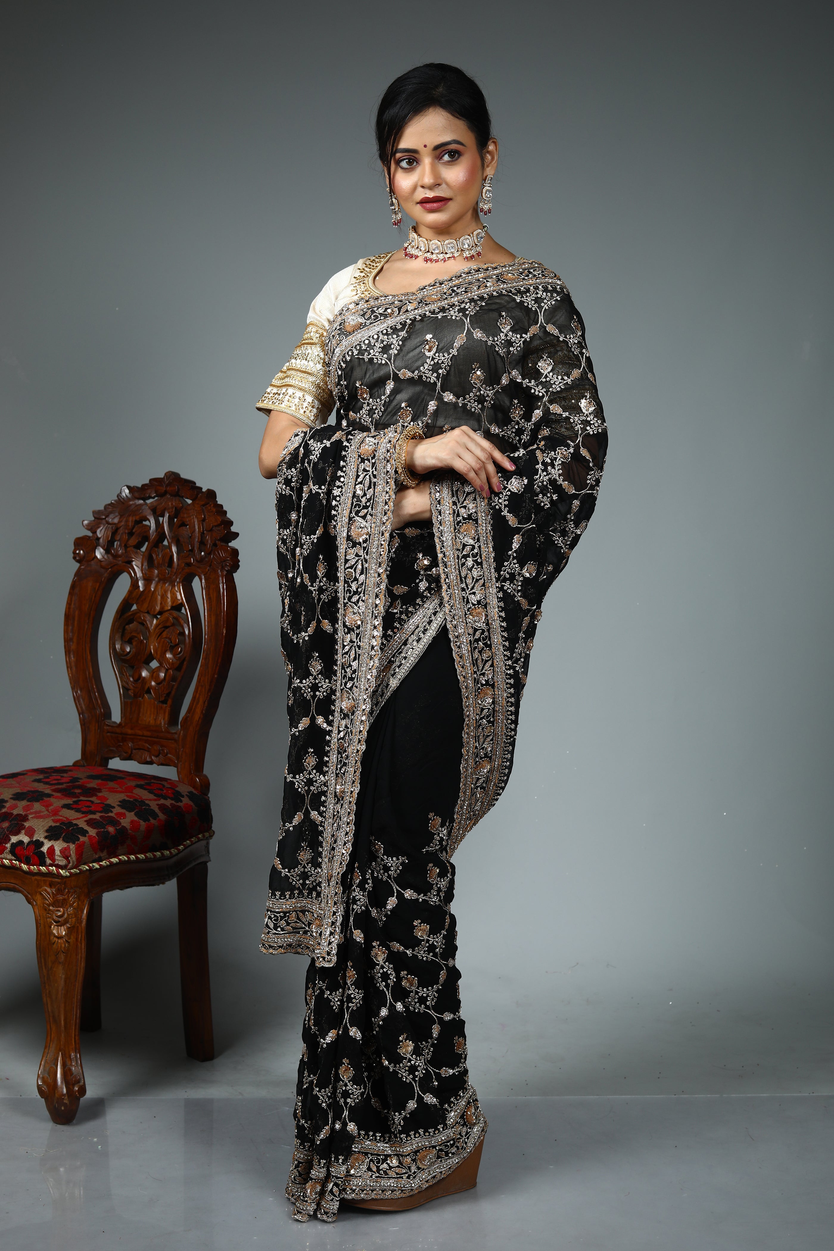 Black Blended Georgette Saree