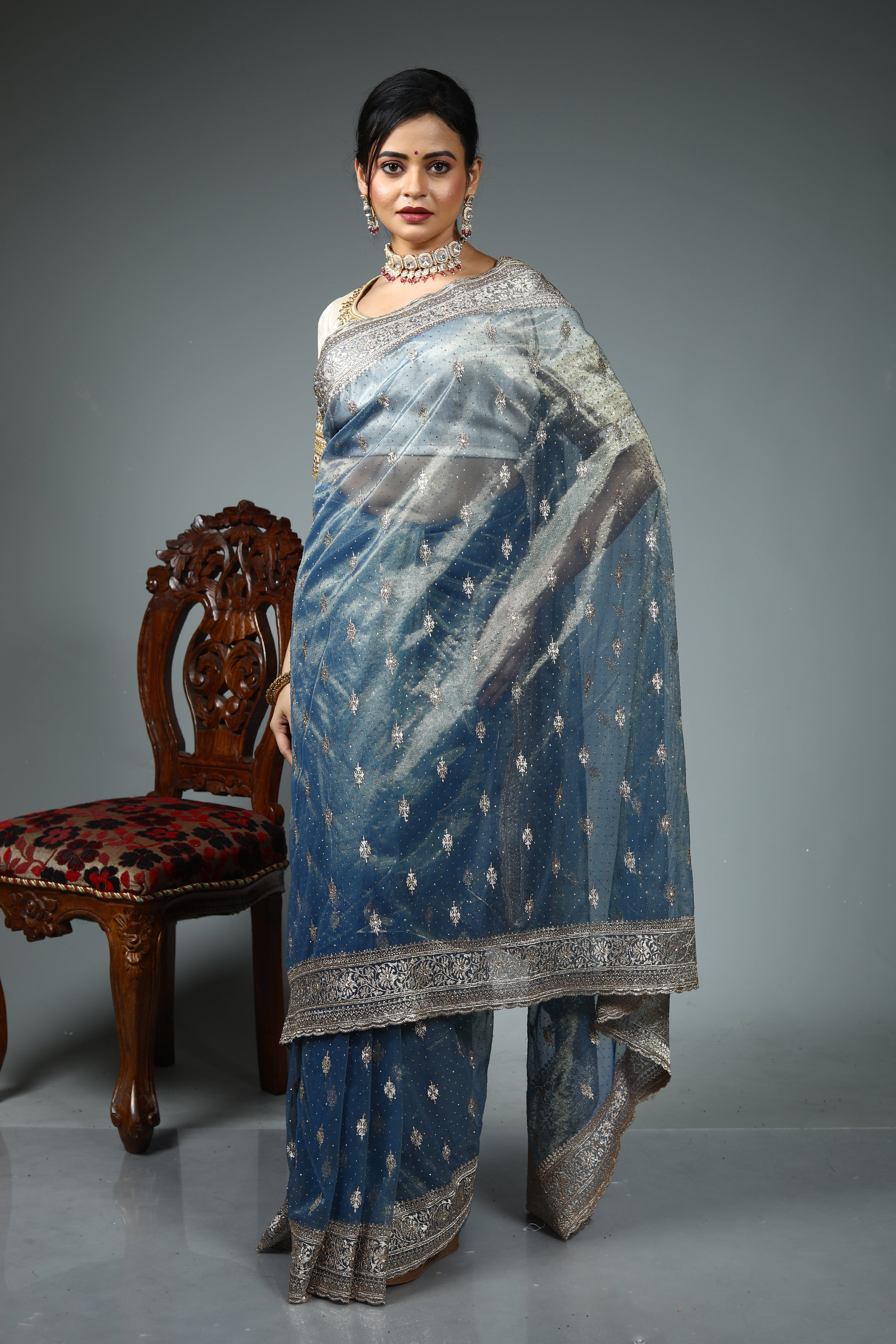 Blue Blended Georgette Saree