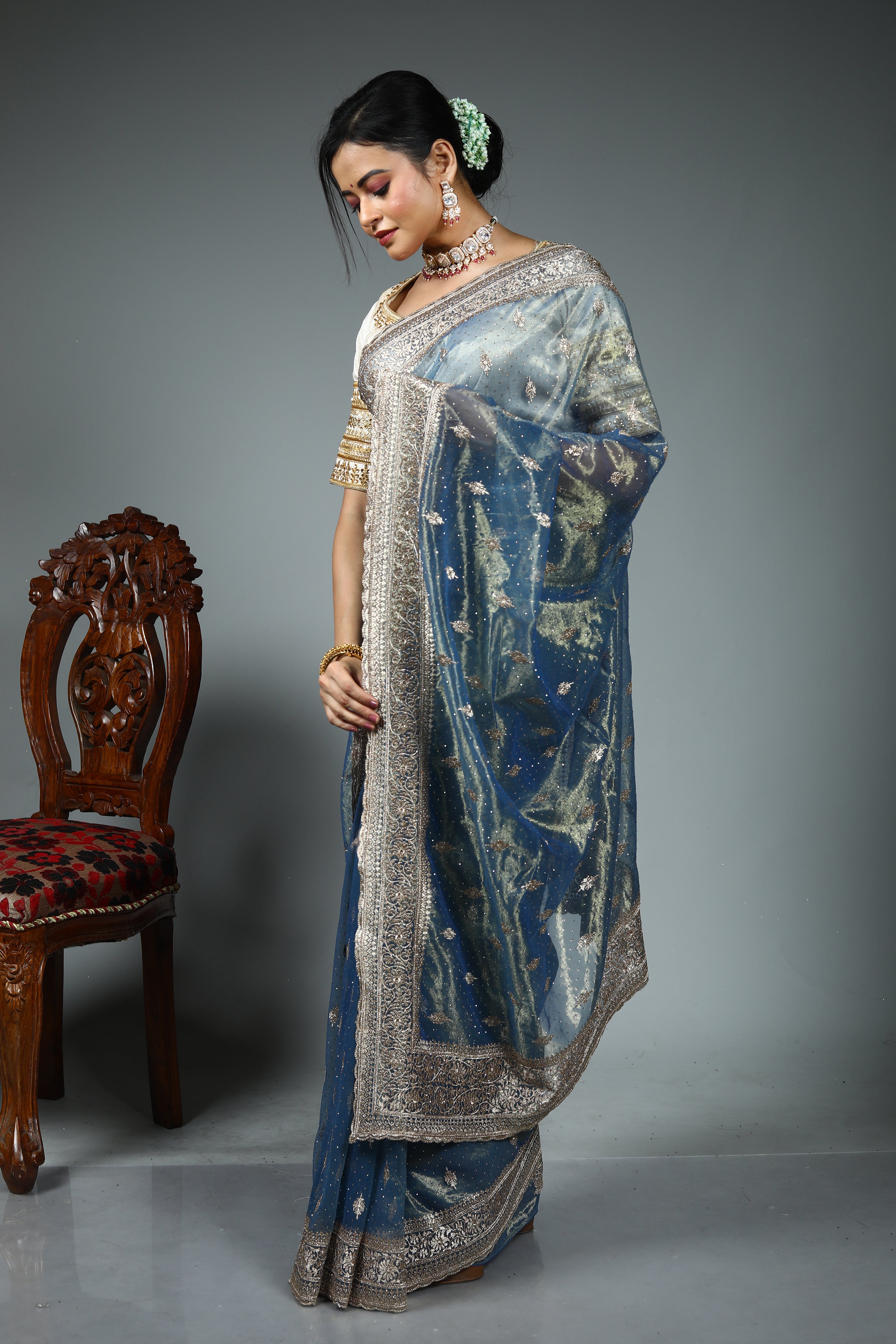 Blue Blended Georgette Saree