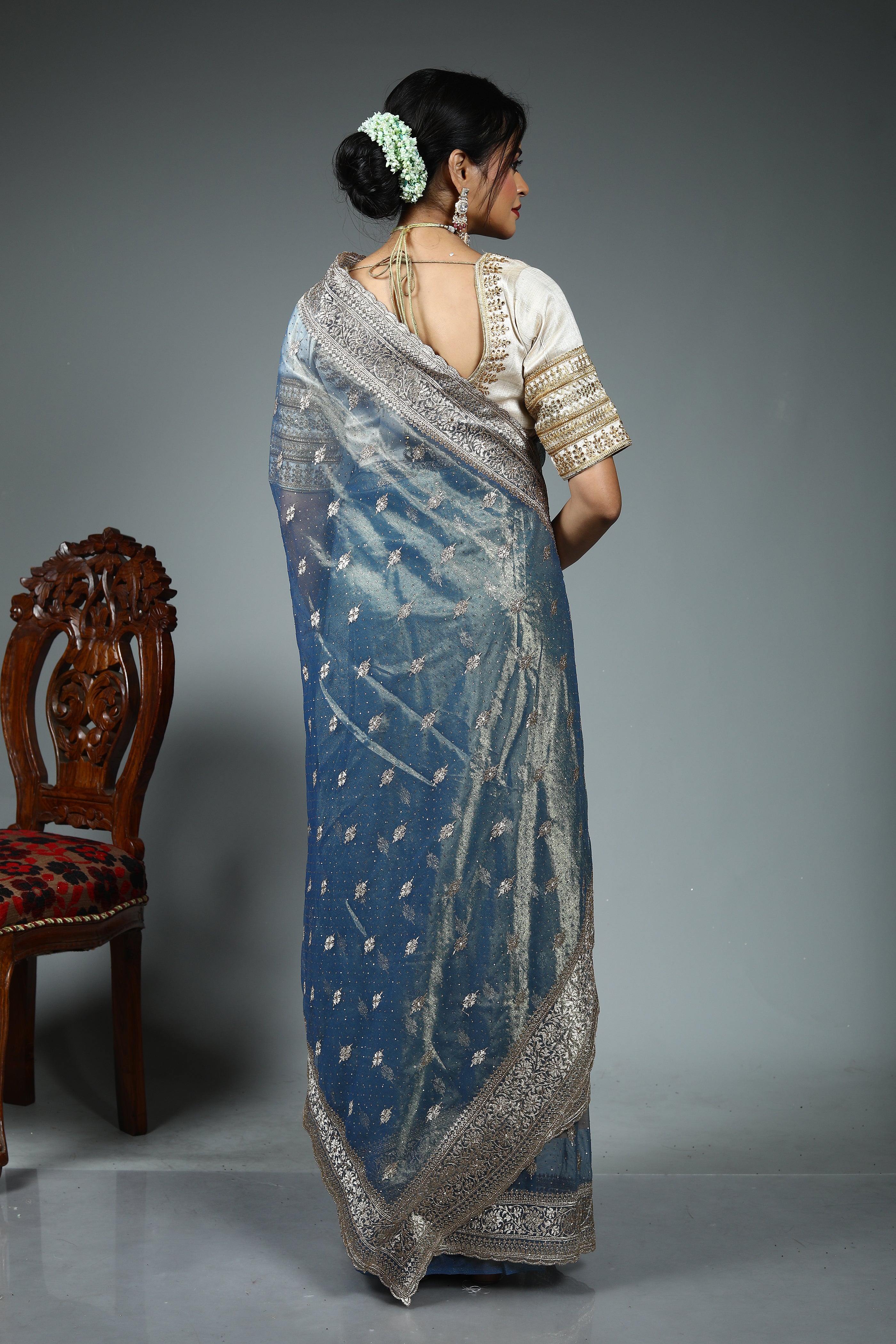 Blue Blended Georgette Saree