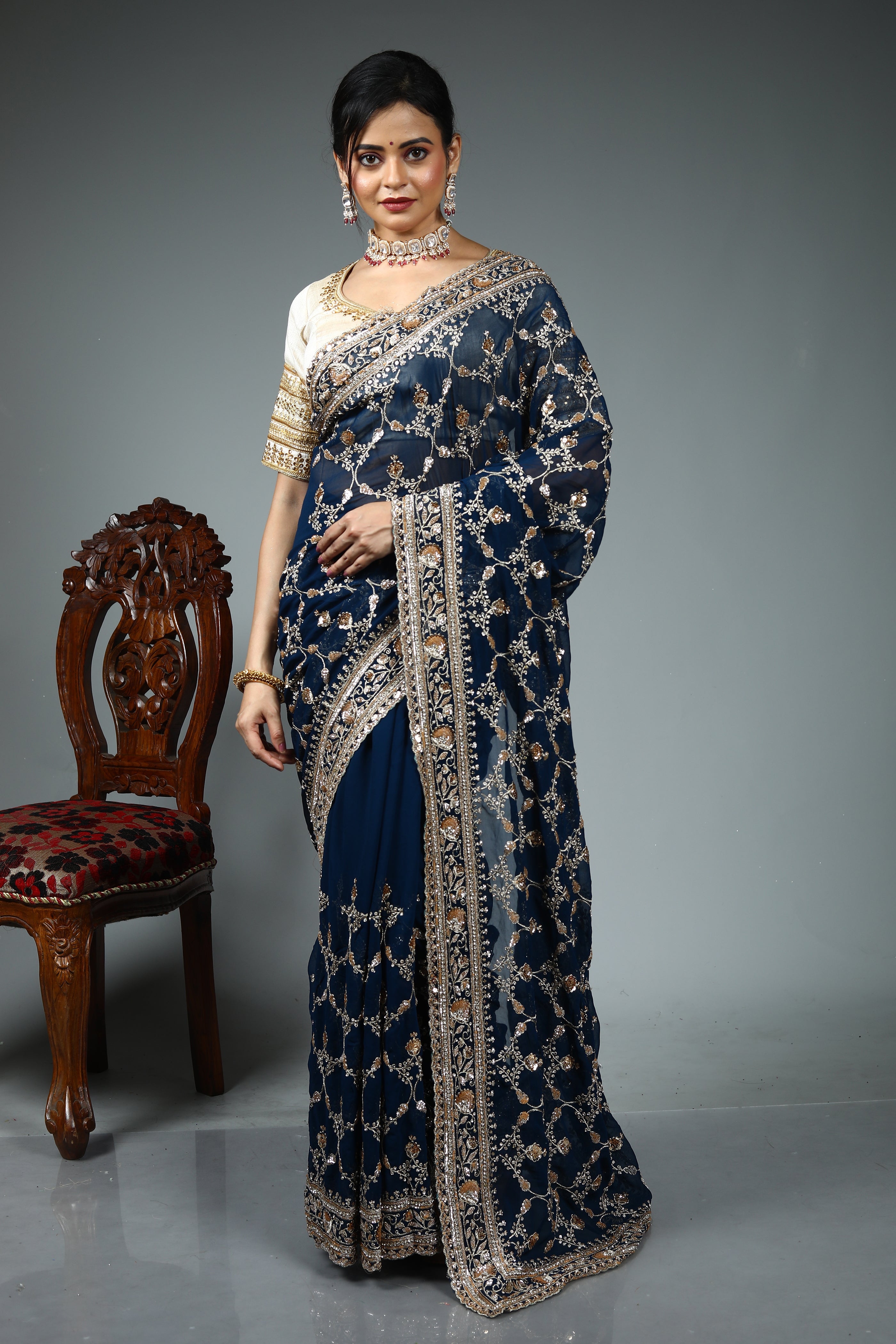 Midnight Blue Blended Georgette Saree