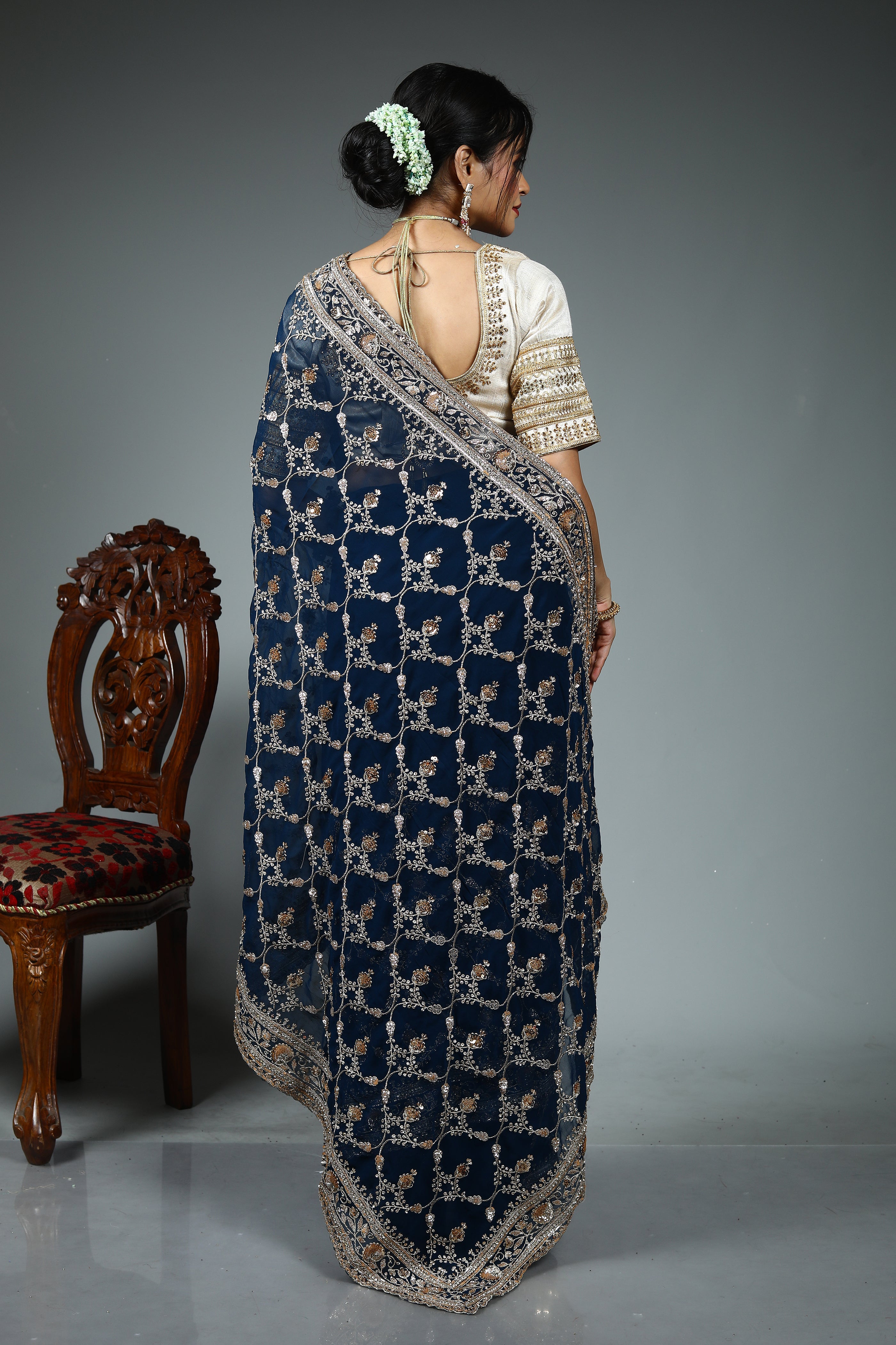Midnight Blue Blended Georgette Saree