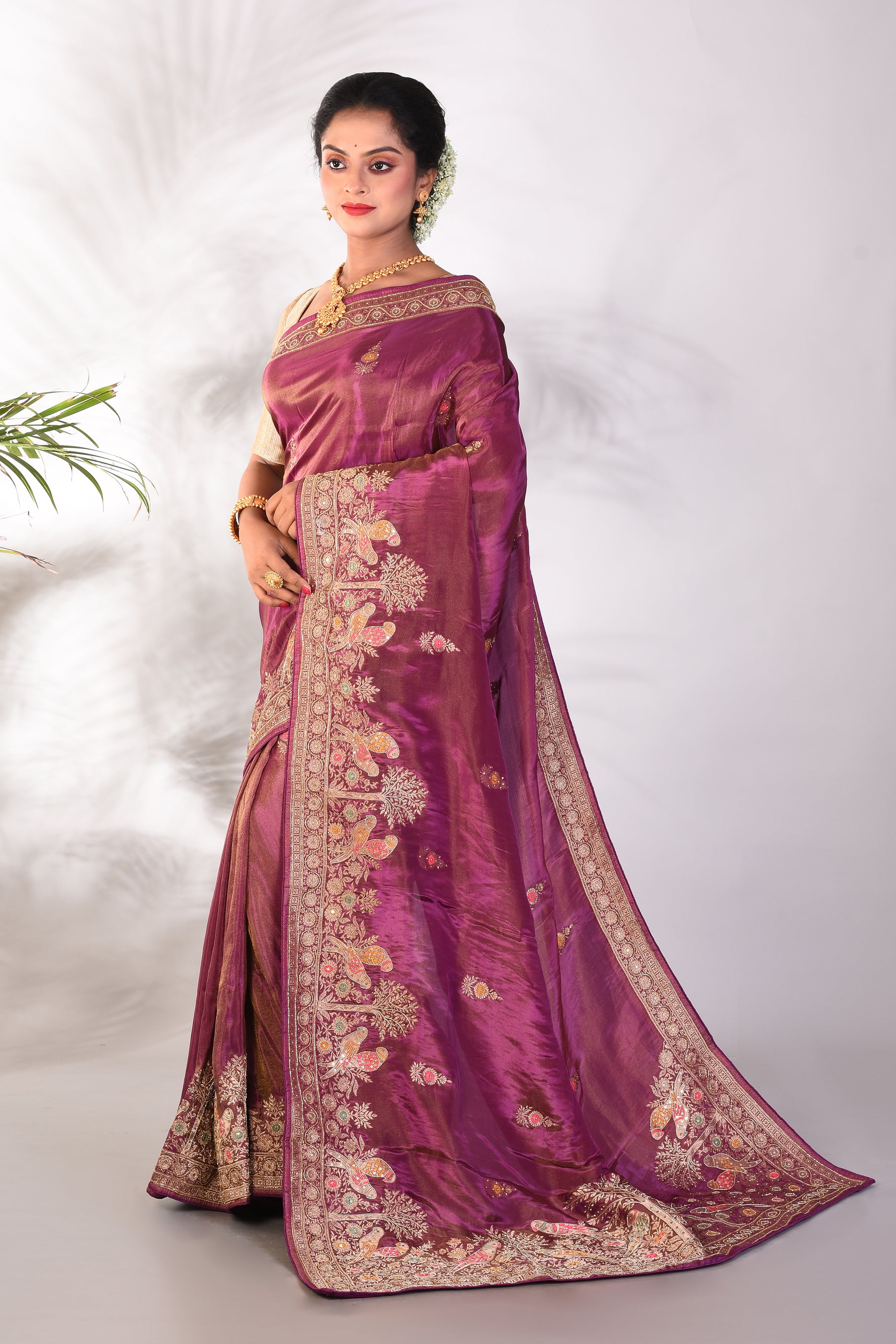 Purple Tissue Saree with Floral Work - Keya Seth Exclusive
