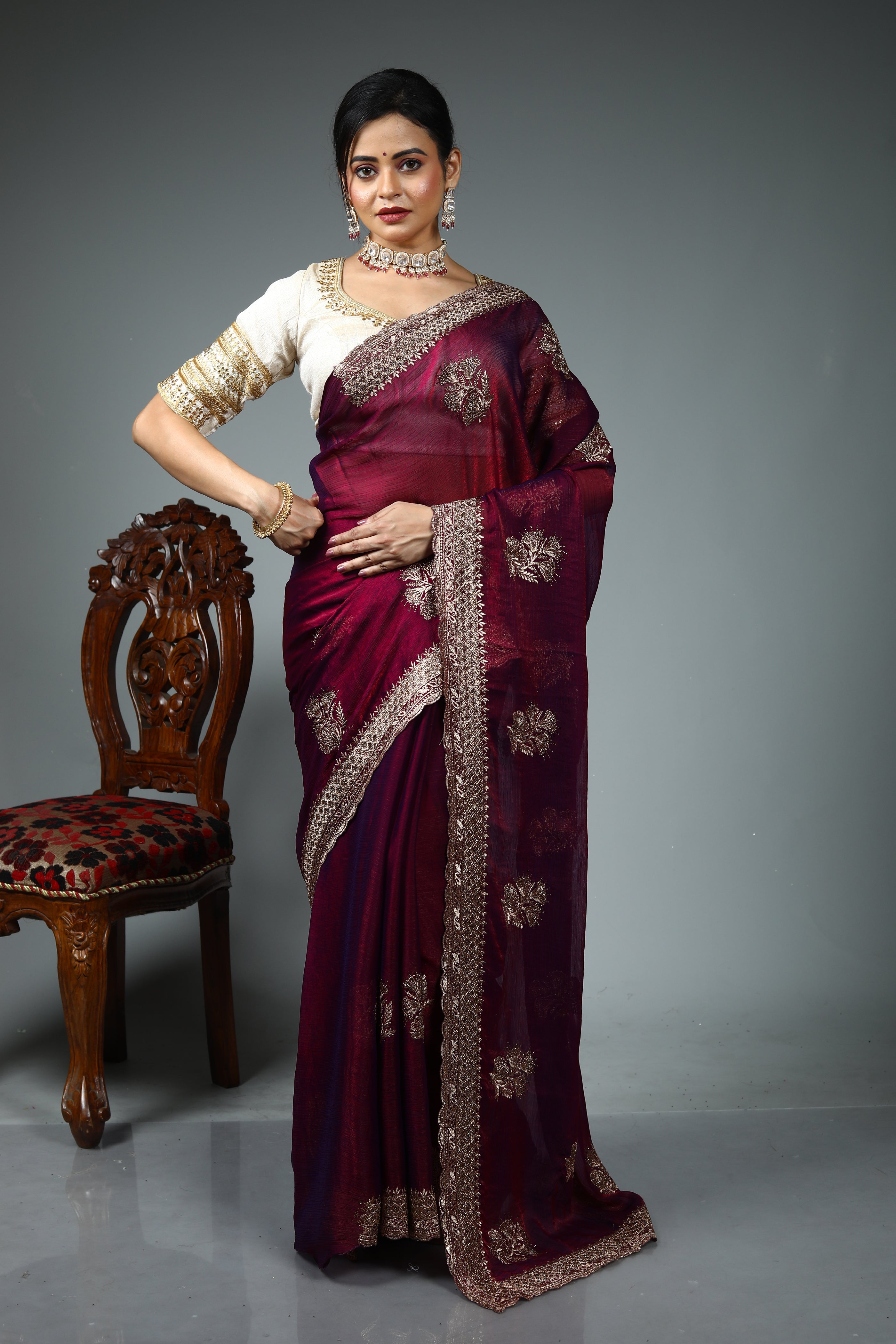 Maroon Blended Jimmy Choo Saree