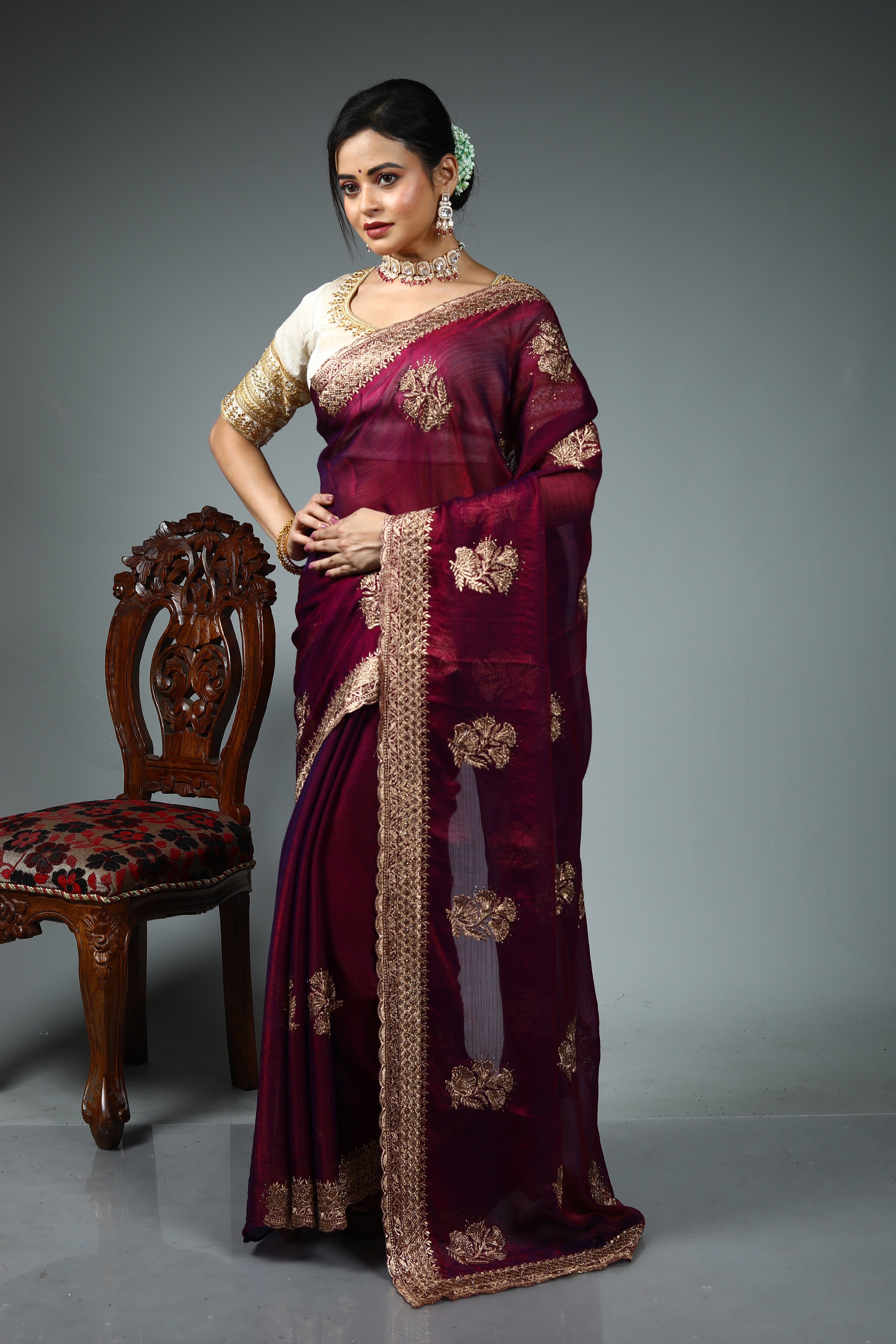 Maroon Blended Jimmy Choo Saree