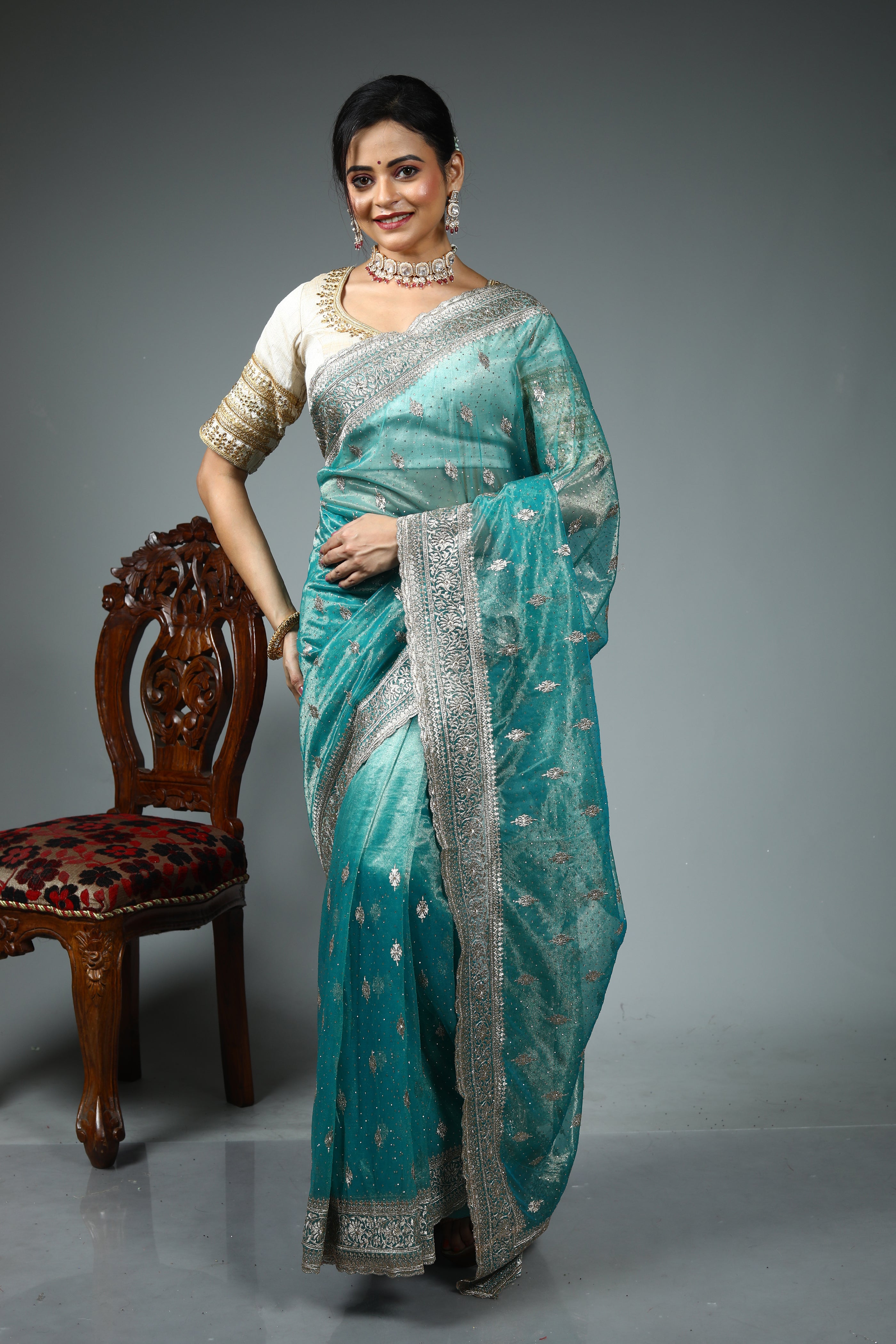 Sea Green Blended Jimmy Choo Saree