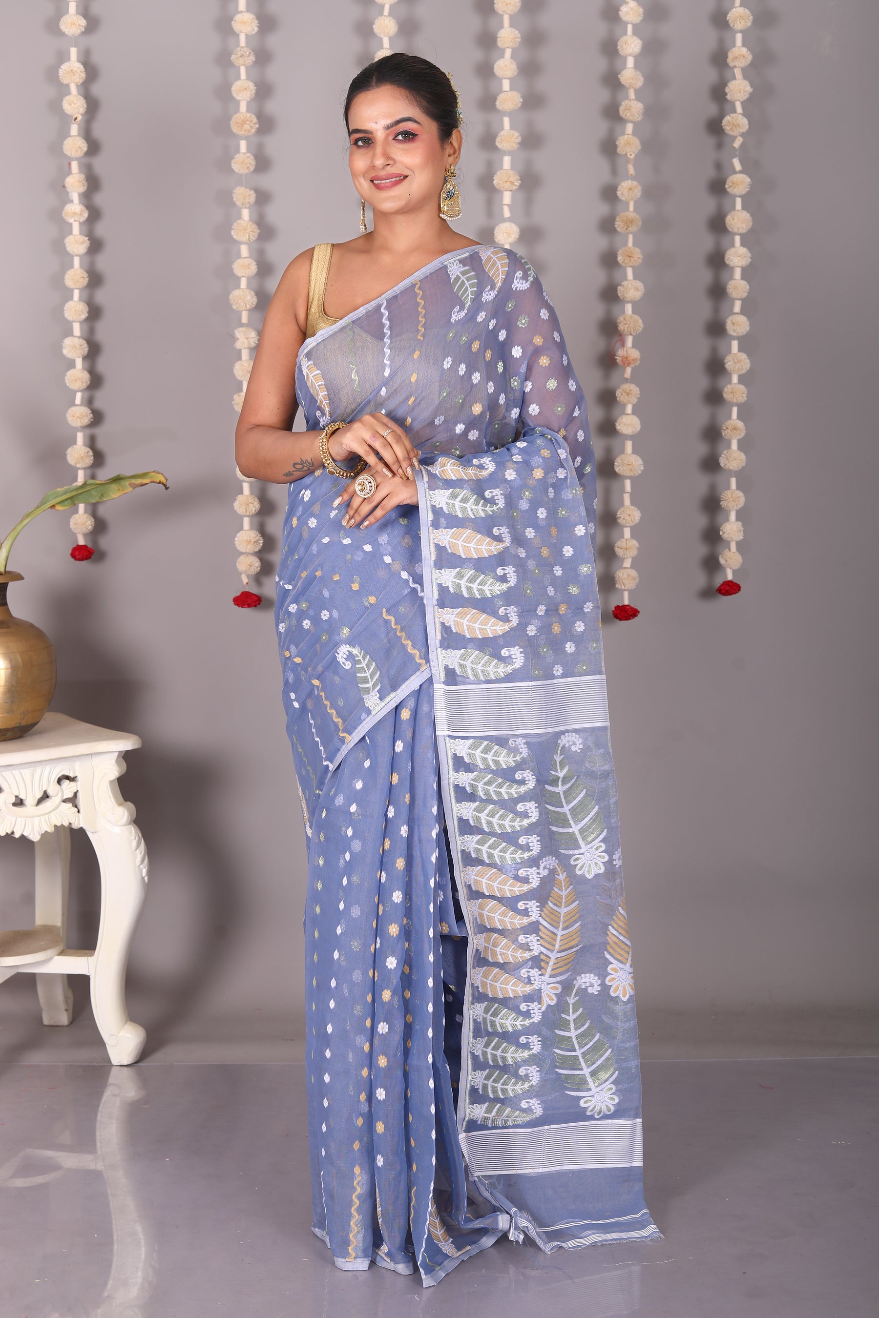 Grey Cotton Jamdani Saree - Keya Seth Exclusive